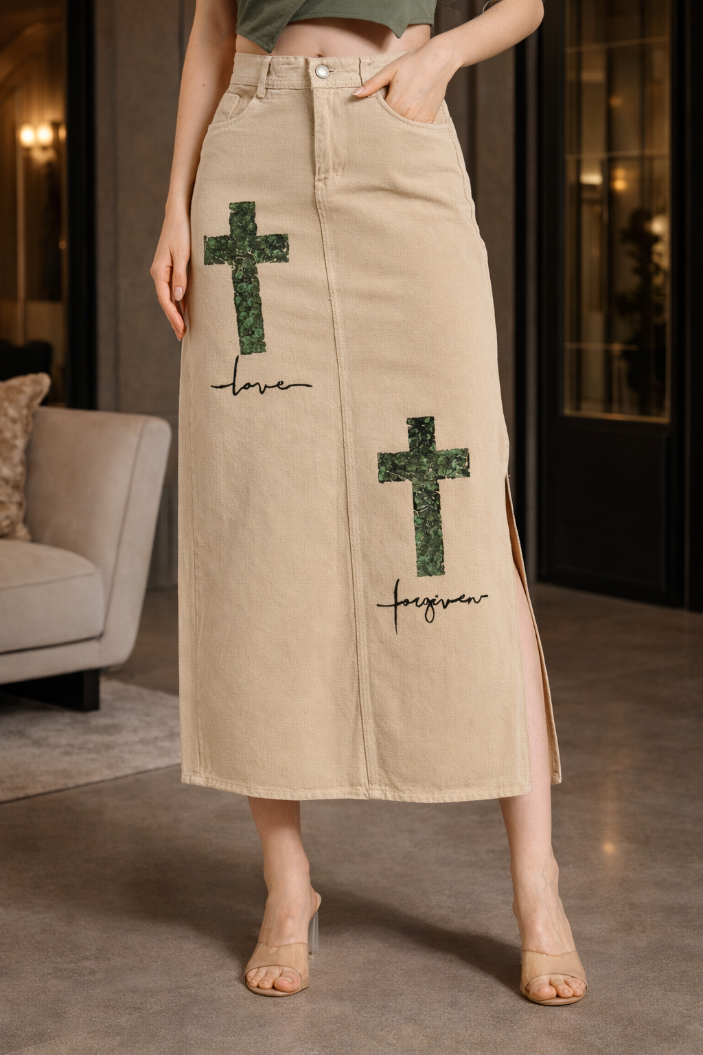 Love & Forgiven Hand-Painted Denim Skirt | Christian Modest Wear