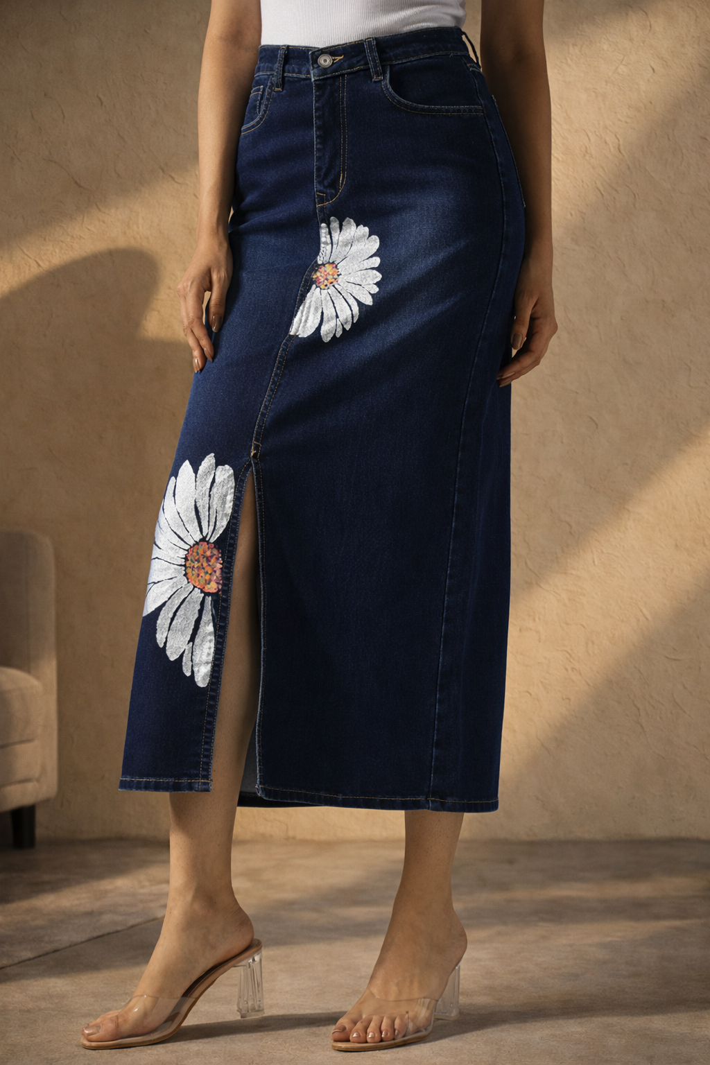 Daisy Dream Denim Front Cut Skirt Hand Painted