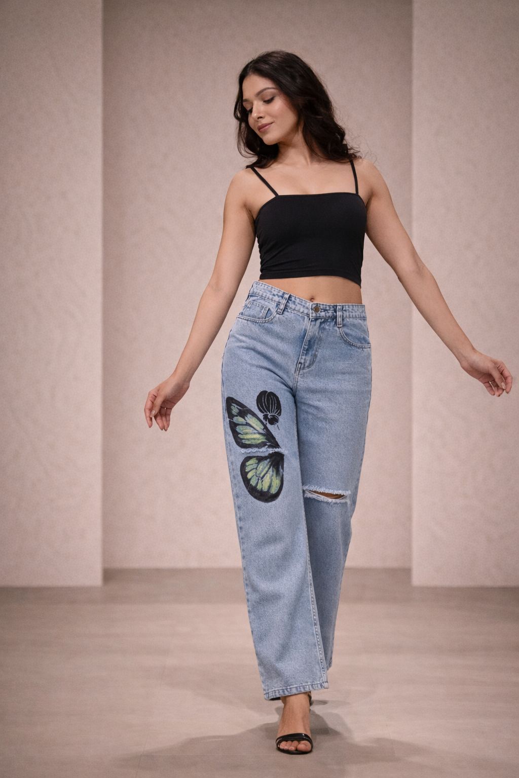 Monarch Butterfly-Non Stretch Hand Painted Jeans High-Rise Distressed