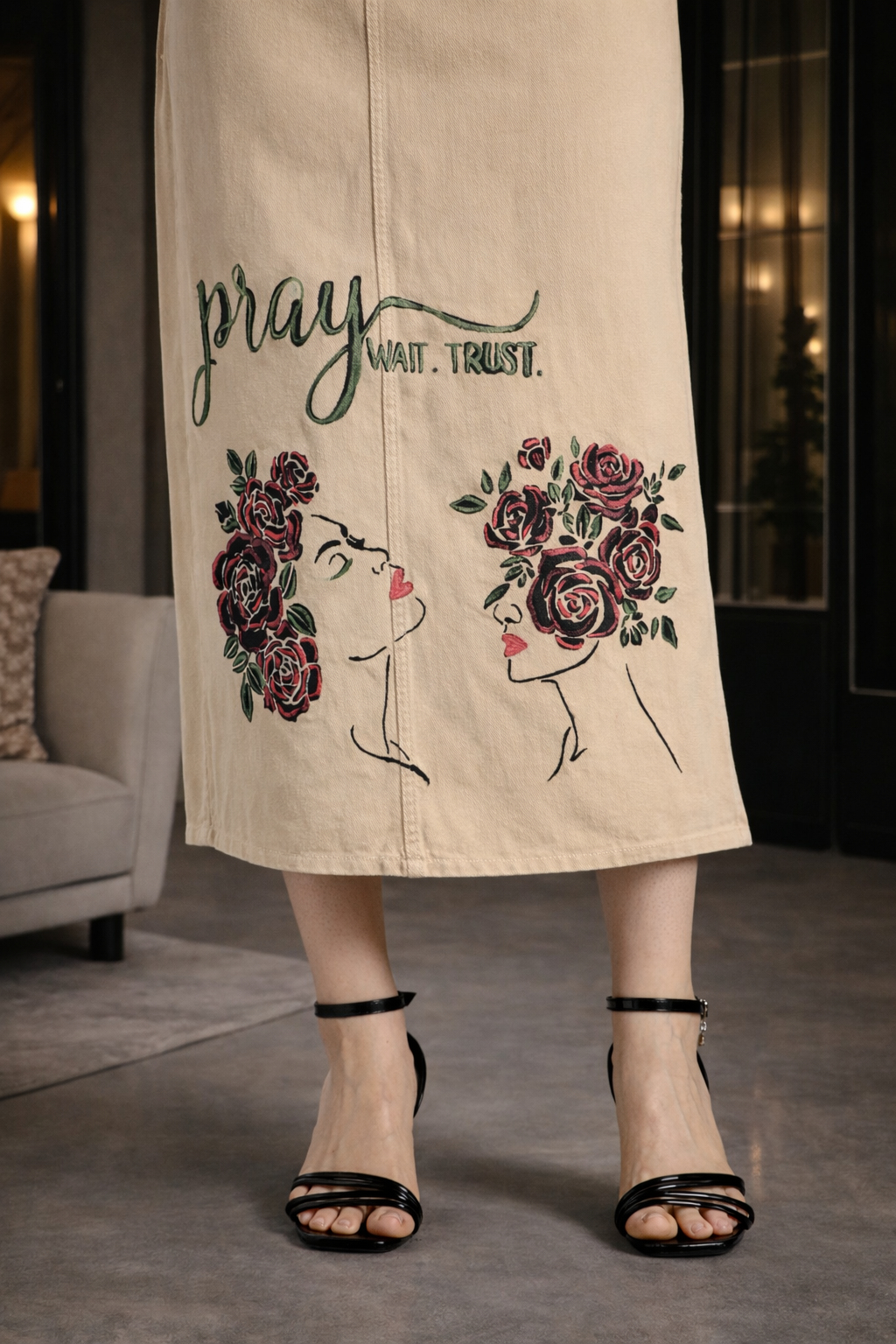 Pray Wait Trust Hand-Painted Denim Skirt | Christian Modest Fashion