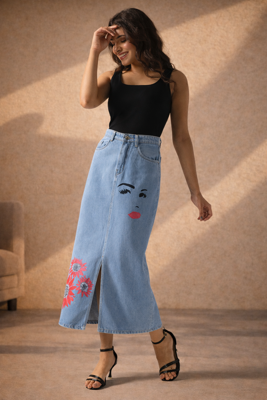 Winking Beauty Denim Hand Painted Denim Skirt
