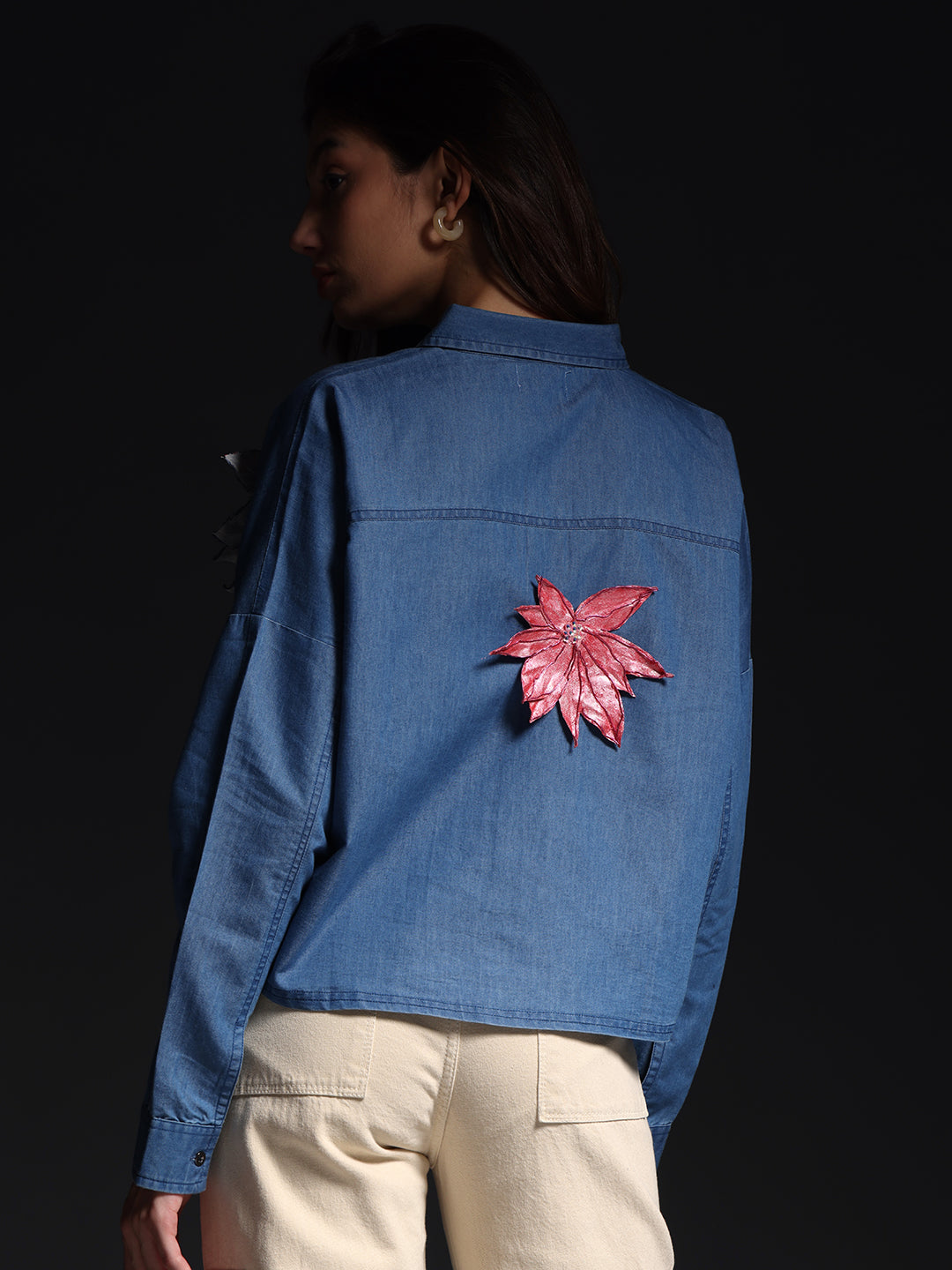 Gotamoda autumn petals shirt blue denim jacket with pink leaf design on the back