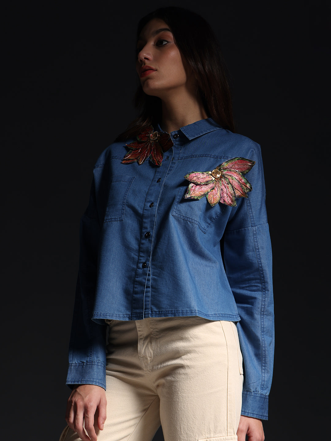 Gotamoda autumn petals shirt in denim with embroidered floral designs on chest