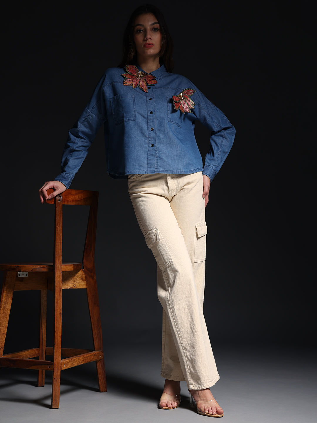 Gotamoda autumn petals shirt in blue with floral embroidery worn with beige cargo pants
