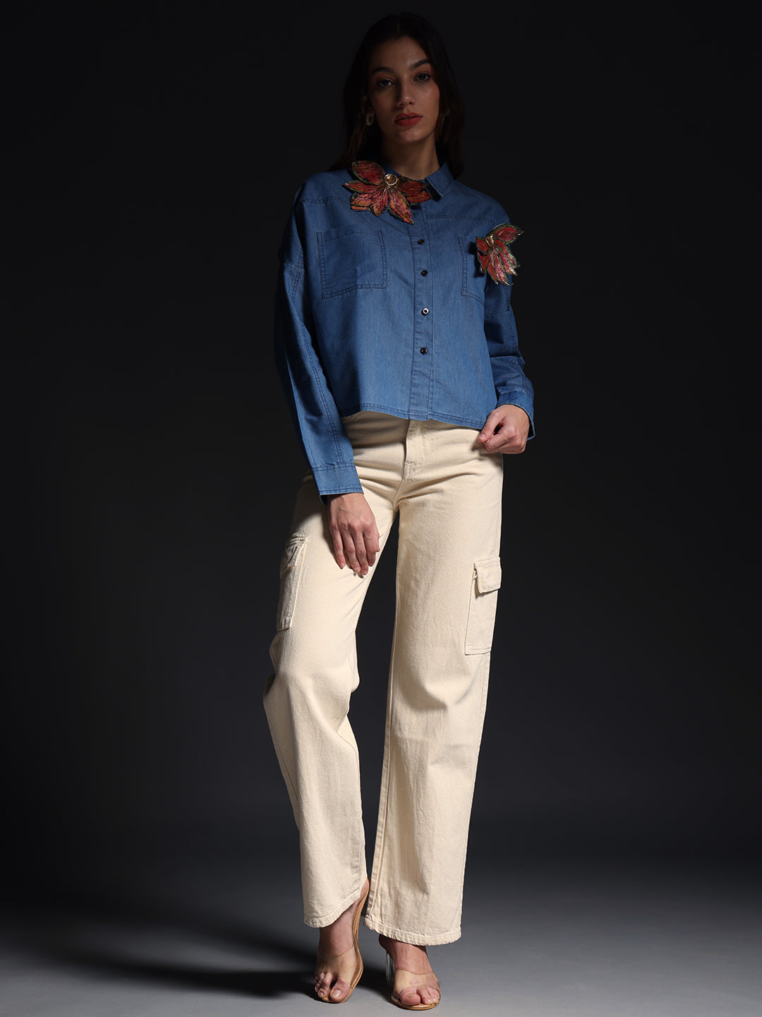 Gotamoda autumn petals shirt in denim with floral embroidery worn with beige cargo pants