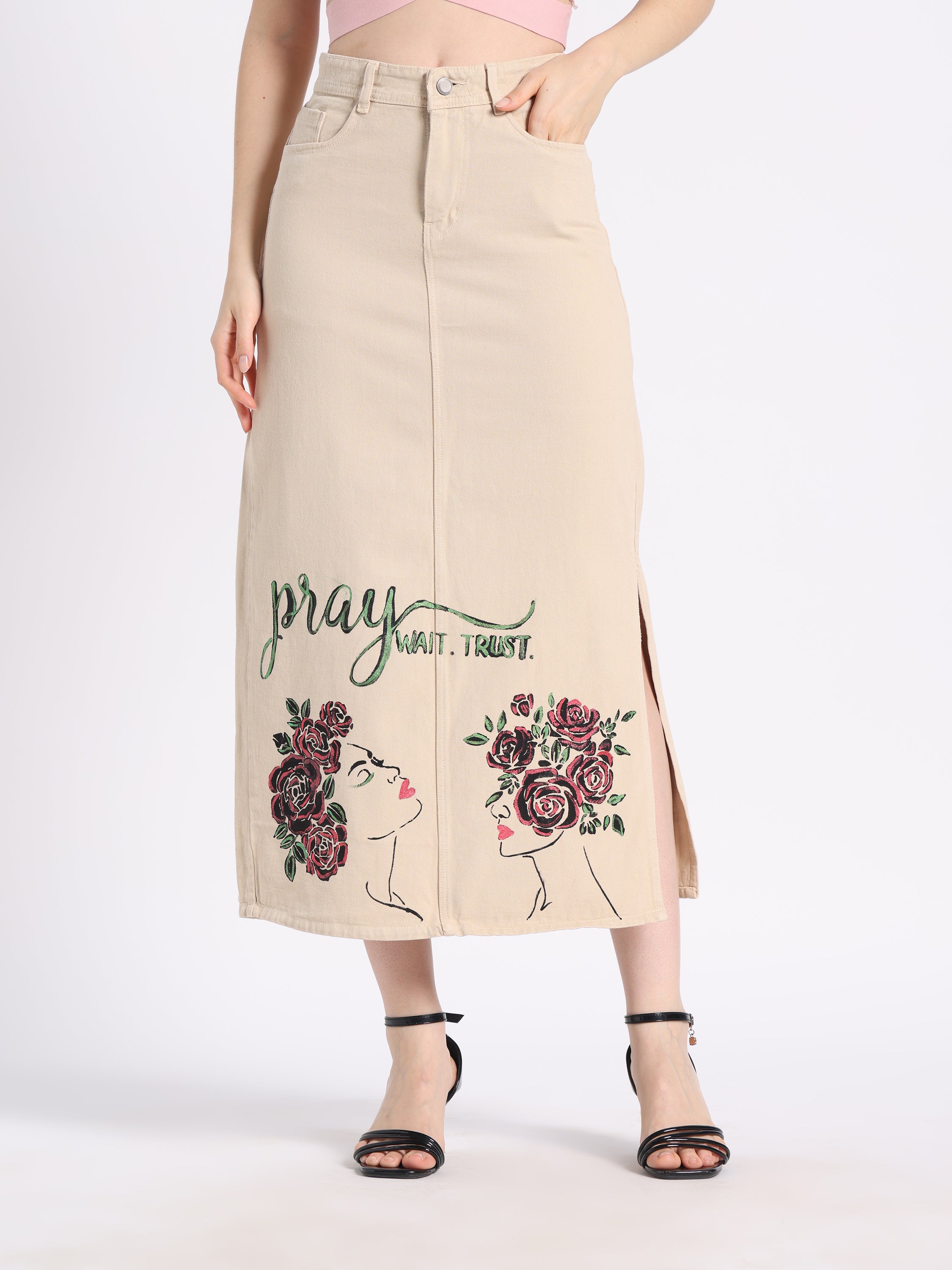 Beige denim maxi skirt with floral embroidery featuring the words pray, wait, trust; perfect for Christian modest fashion