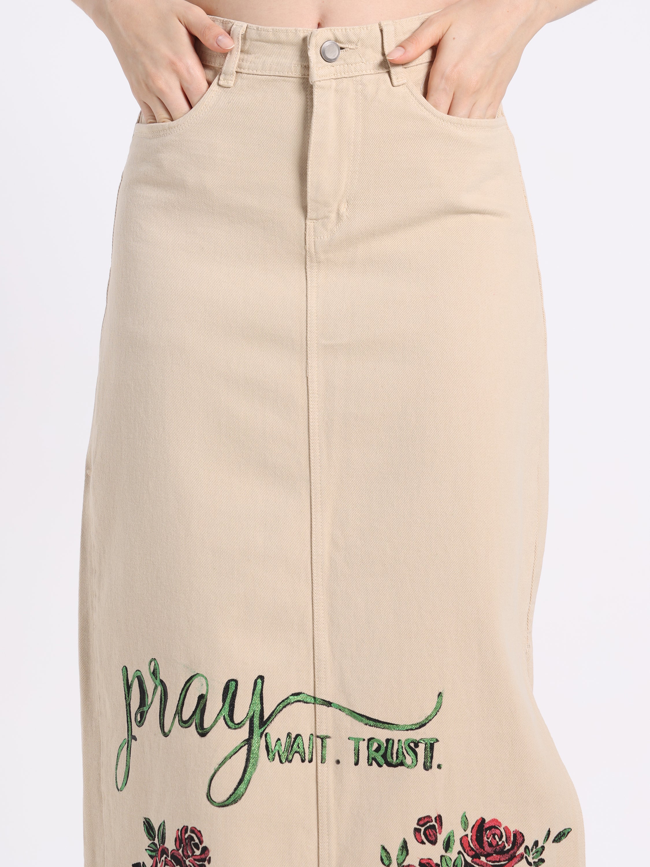 Beige skirt with floral embroidery and inspirational text, perfect for Christian modest fashion enthusiasts
