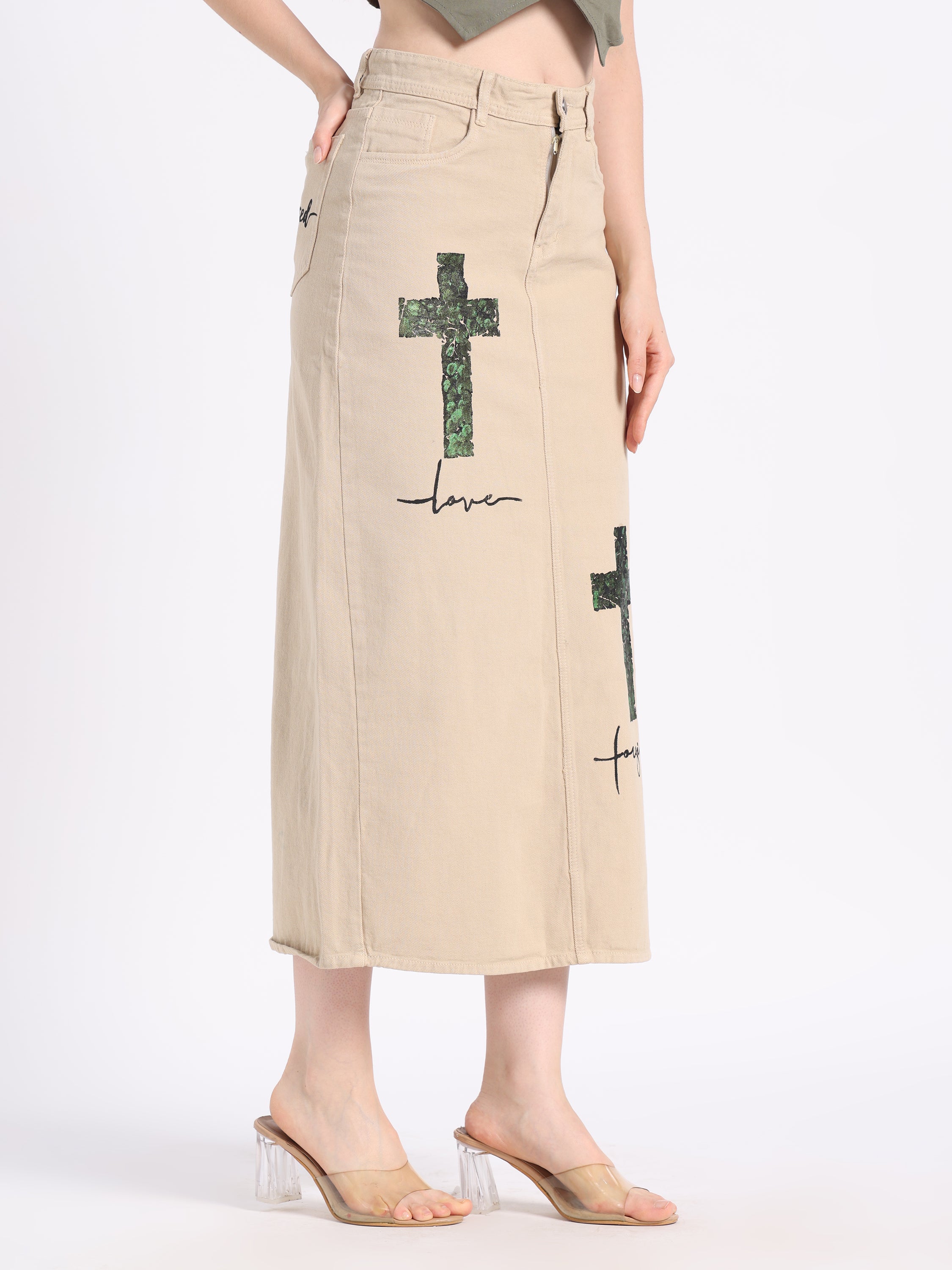 Gotamoda Christian modest skirt in beige with cross designs and embroidered love text