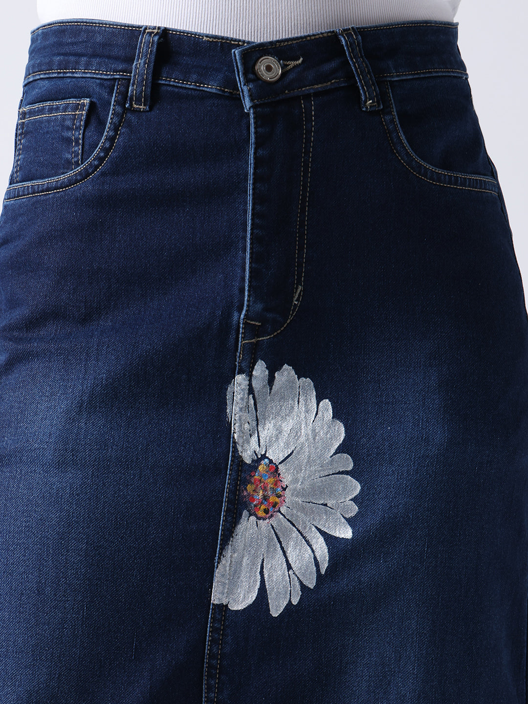 Gotamoda Daisy Dream Denim front cut Skirt with white daisy flower print on dark blue denim