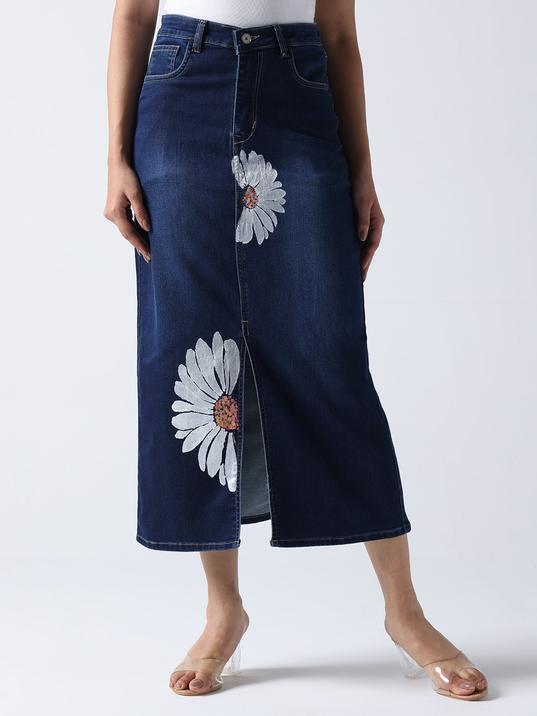 Gotamoda Daisy Dream Denim front cut Skirt in dark blue with white daisy print and front slit
