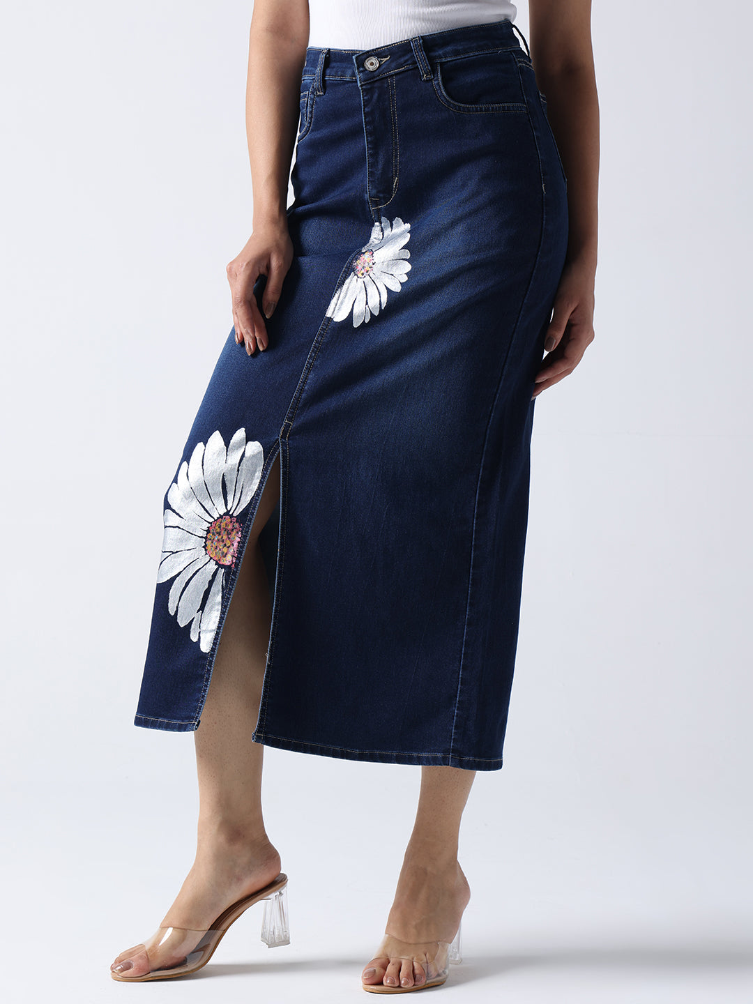 Gotamoda Daisy Dream Denim front cut Skirt with white daisy prints and front slit design