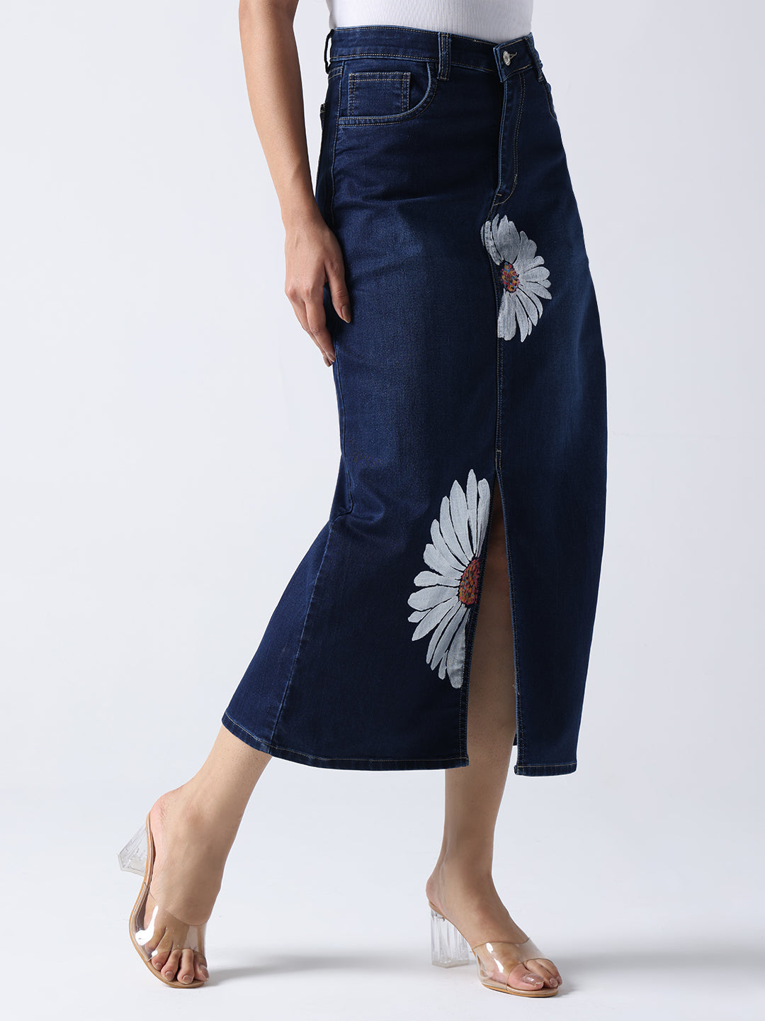 Gotamoda Daisy Dream Denim front cut Skirt in dark blue with floral prints and front slit