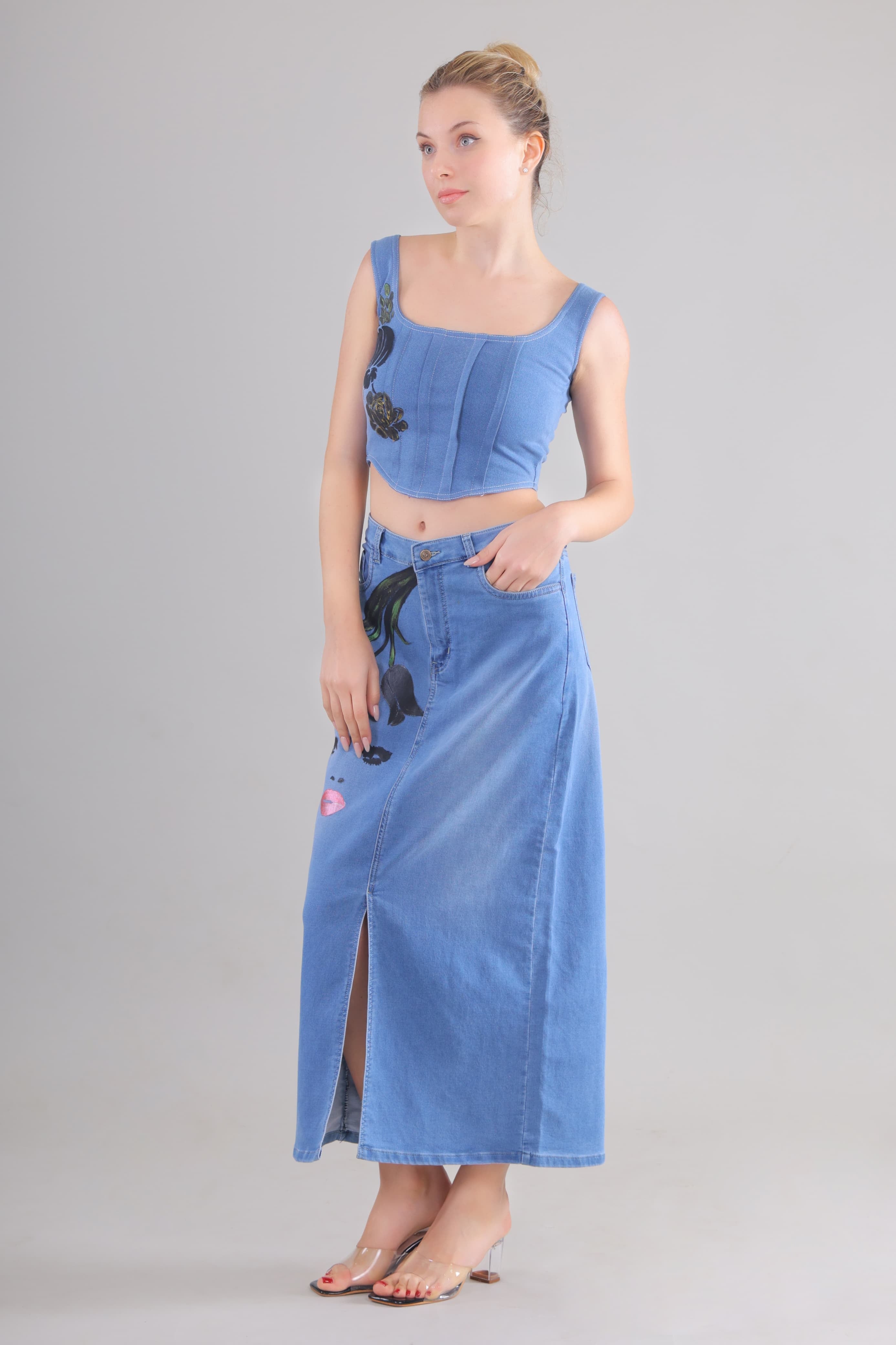 Gotamoda denim corset co-ord set featuring a sleeveless crop top and matching high-waisted long skirt with front slit