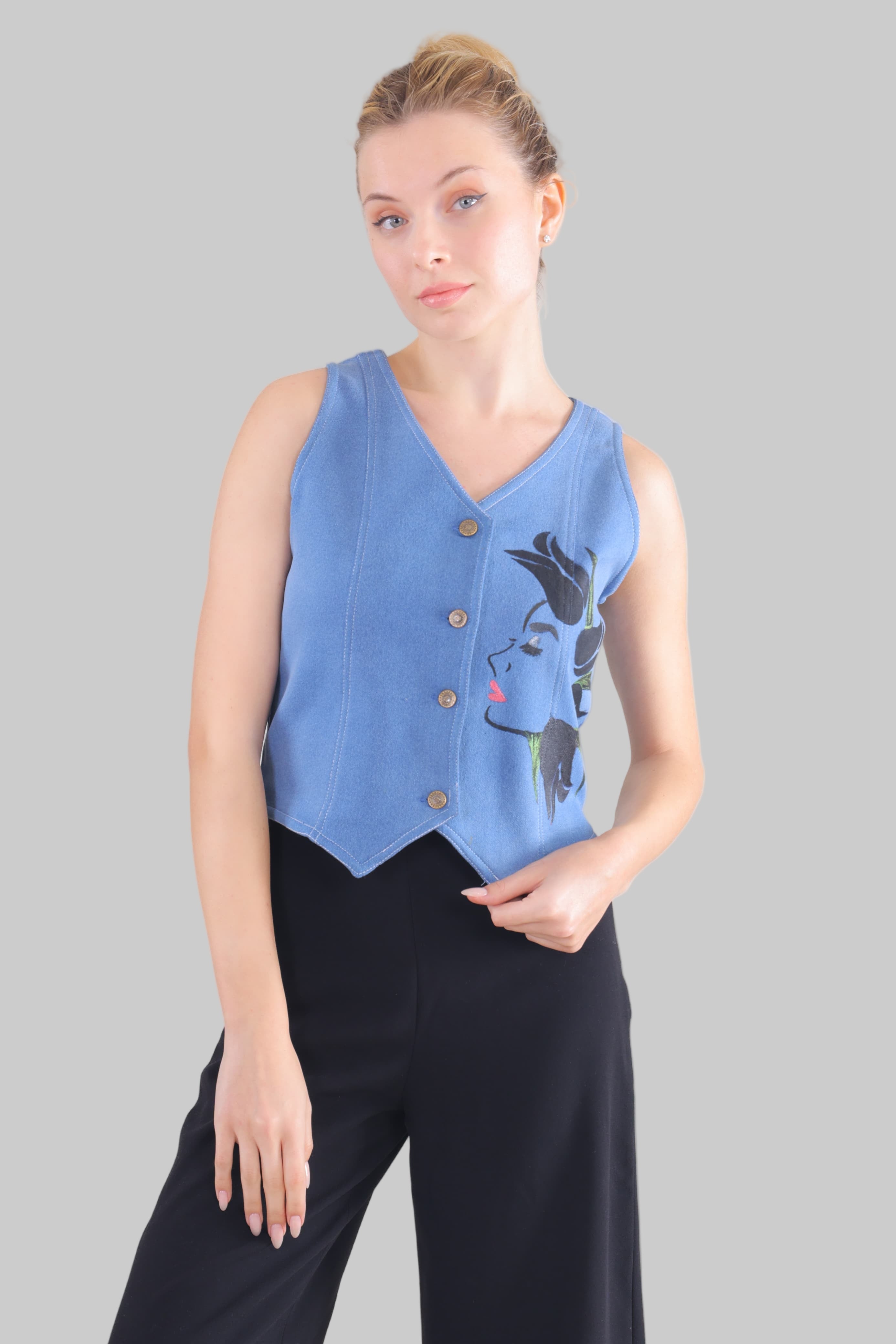 Gotamoda blue sleeveless jeans Top with front buttons and artistic face print on the side