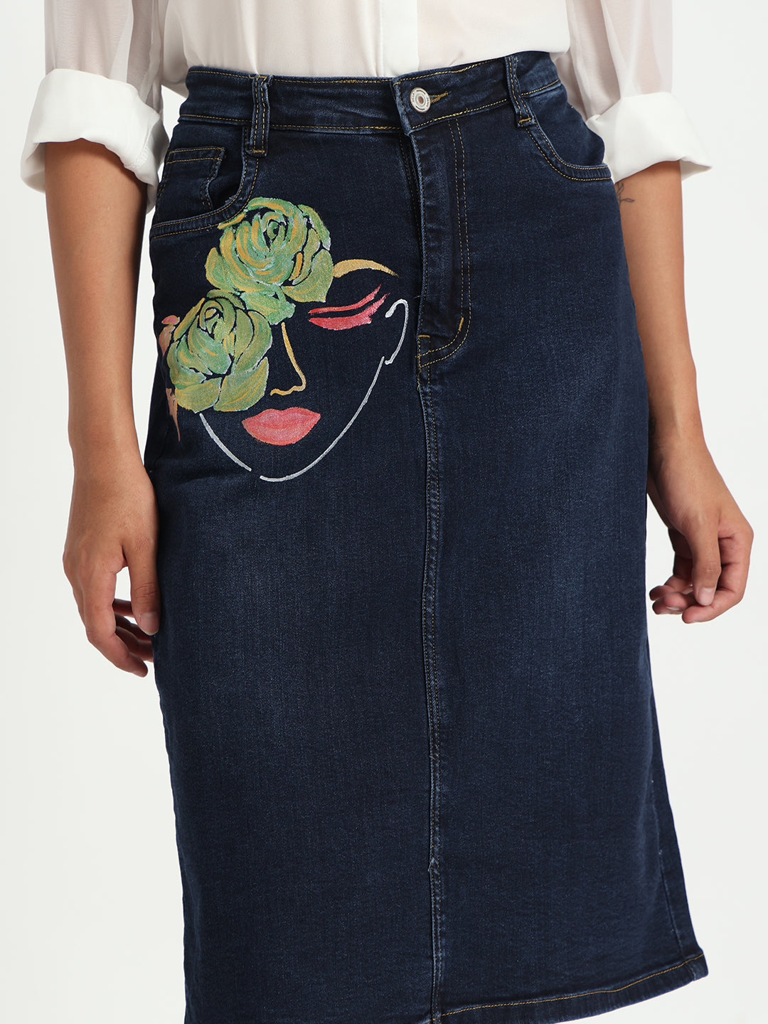 Gotamoda dark blue denim skirt with floral face embroidery and front button closure