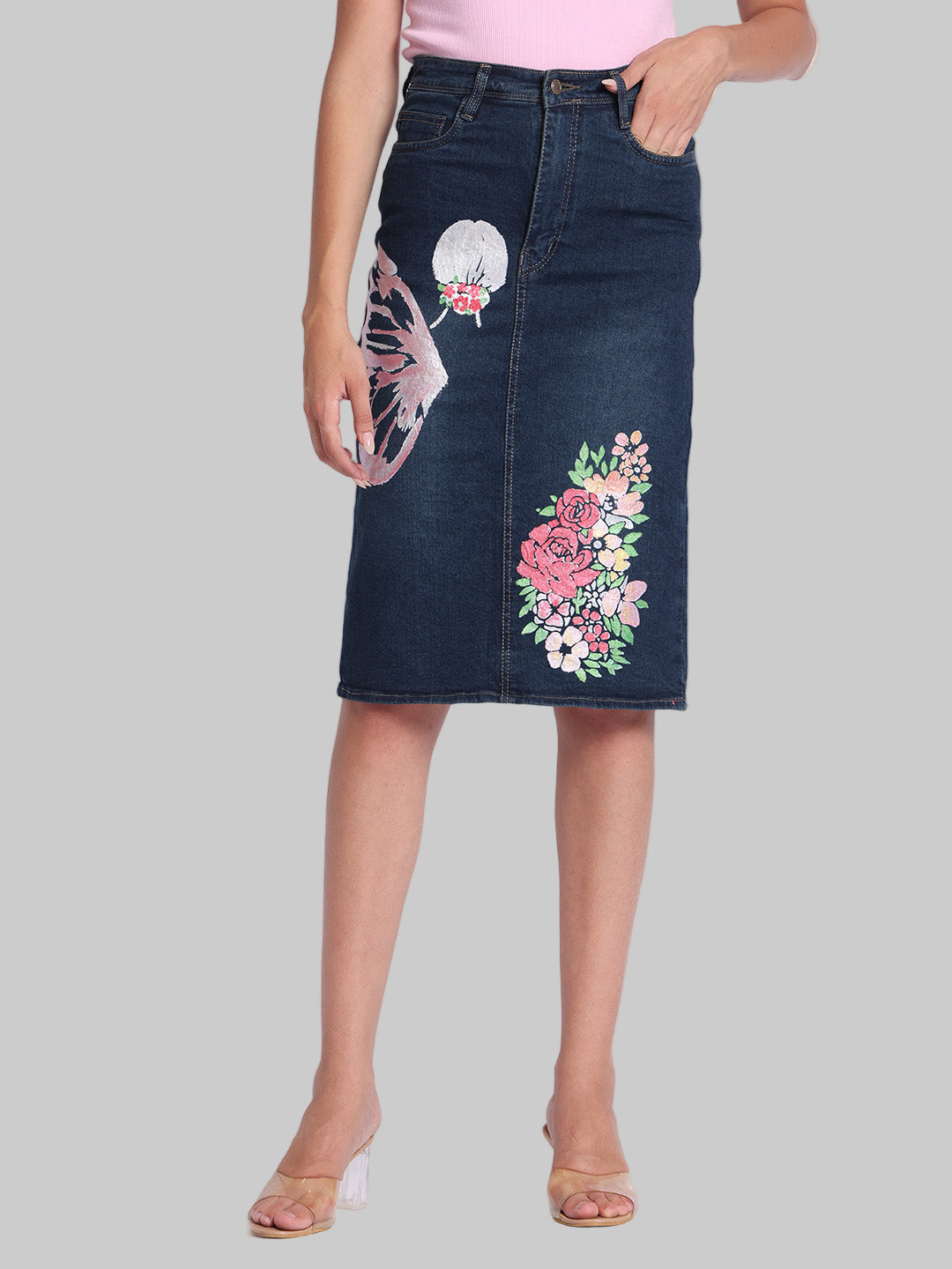 Gotamoda dark blue Denim Skirt with floral and butterfly embroidery knee-length style
