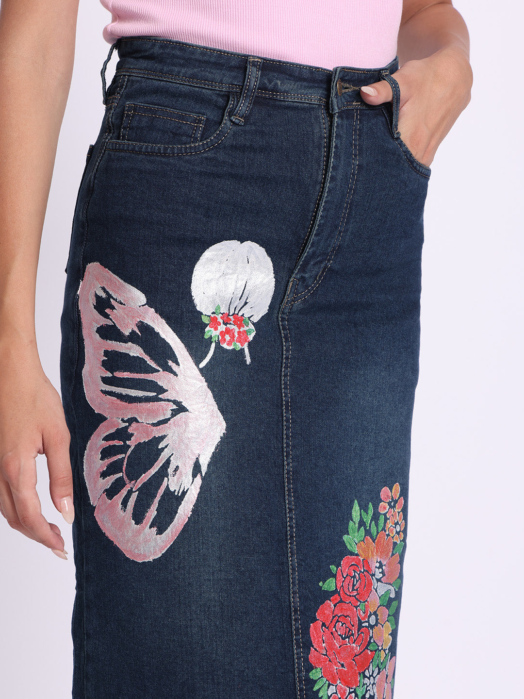 Gotamoda dark blue denim skirt with floral and butterfly print detailing