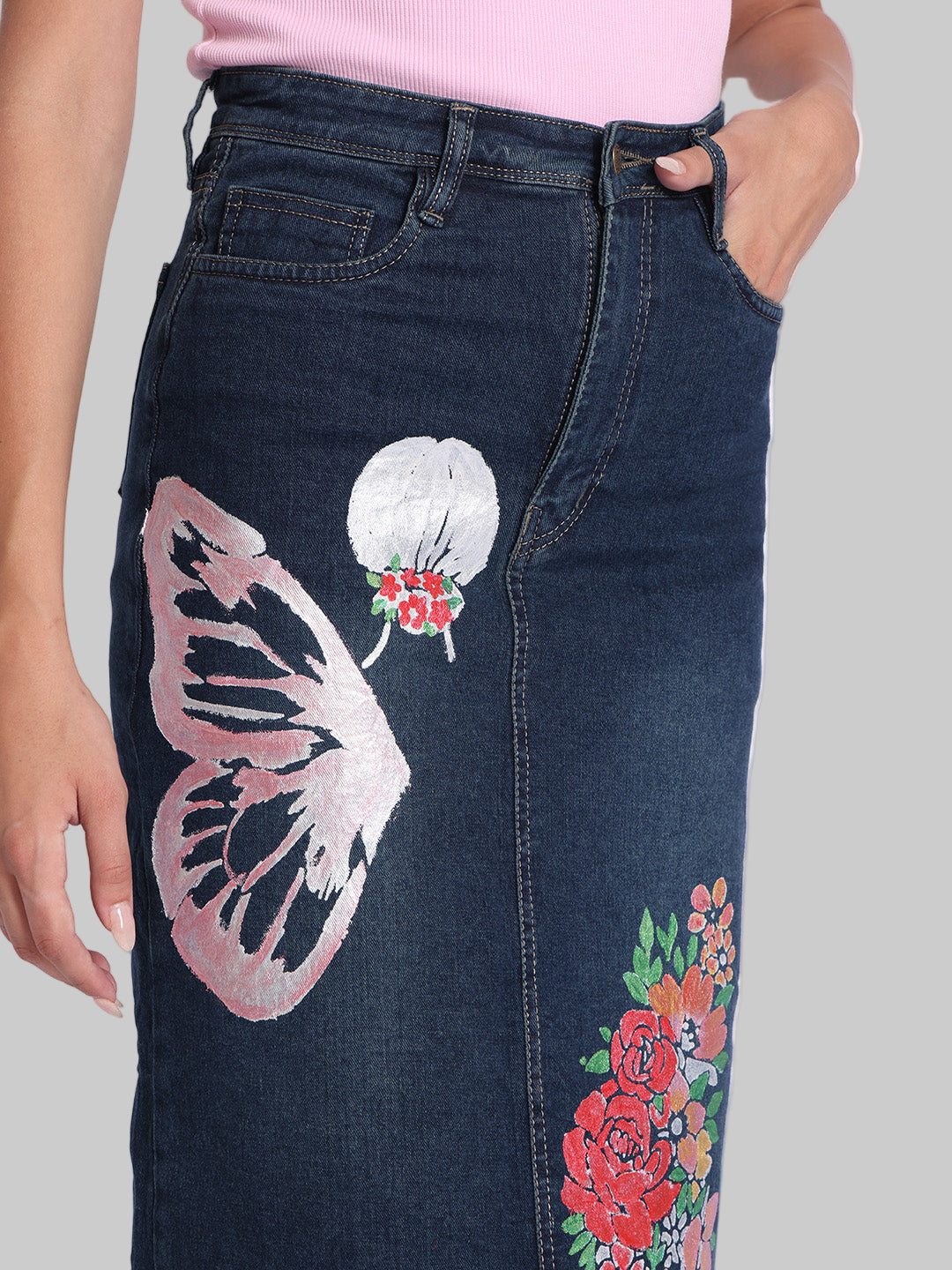 Gotamoda dark blue denim skirt with floral and butterfly print detailing