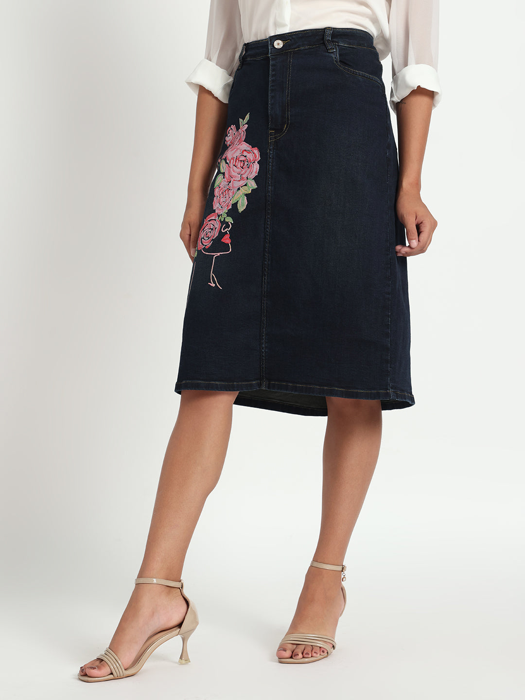 Gotamoda dark blue Denim Skirt with floral embroidery and knee-length design