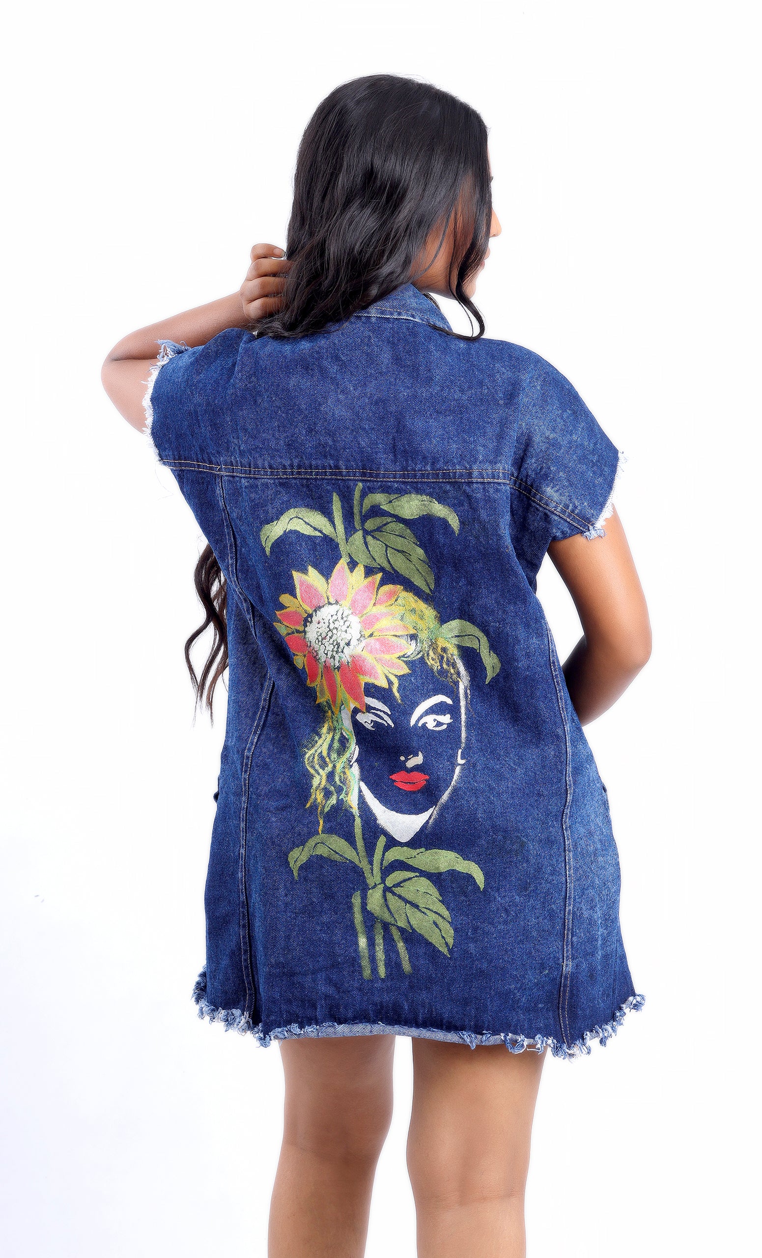 Gotamoda sleeveless denim jacket with artistic floral and face design on the back and frayed edges