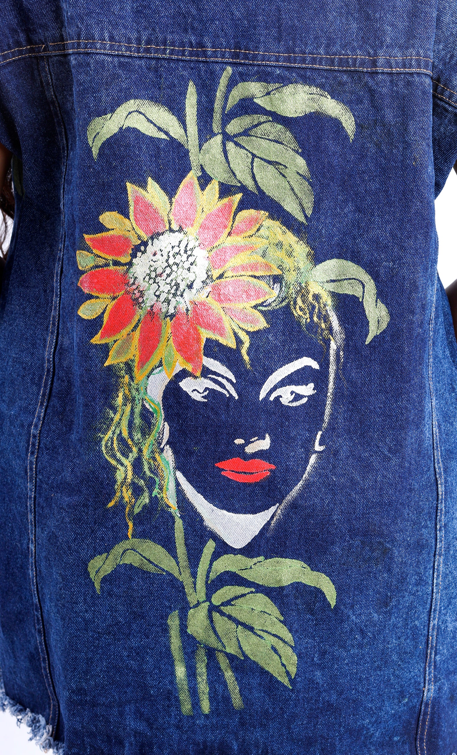 Gotamoda sleeveless denim jacket with vibrant floral and woman face painting on back