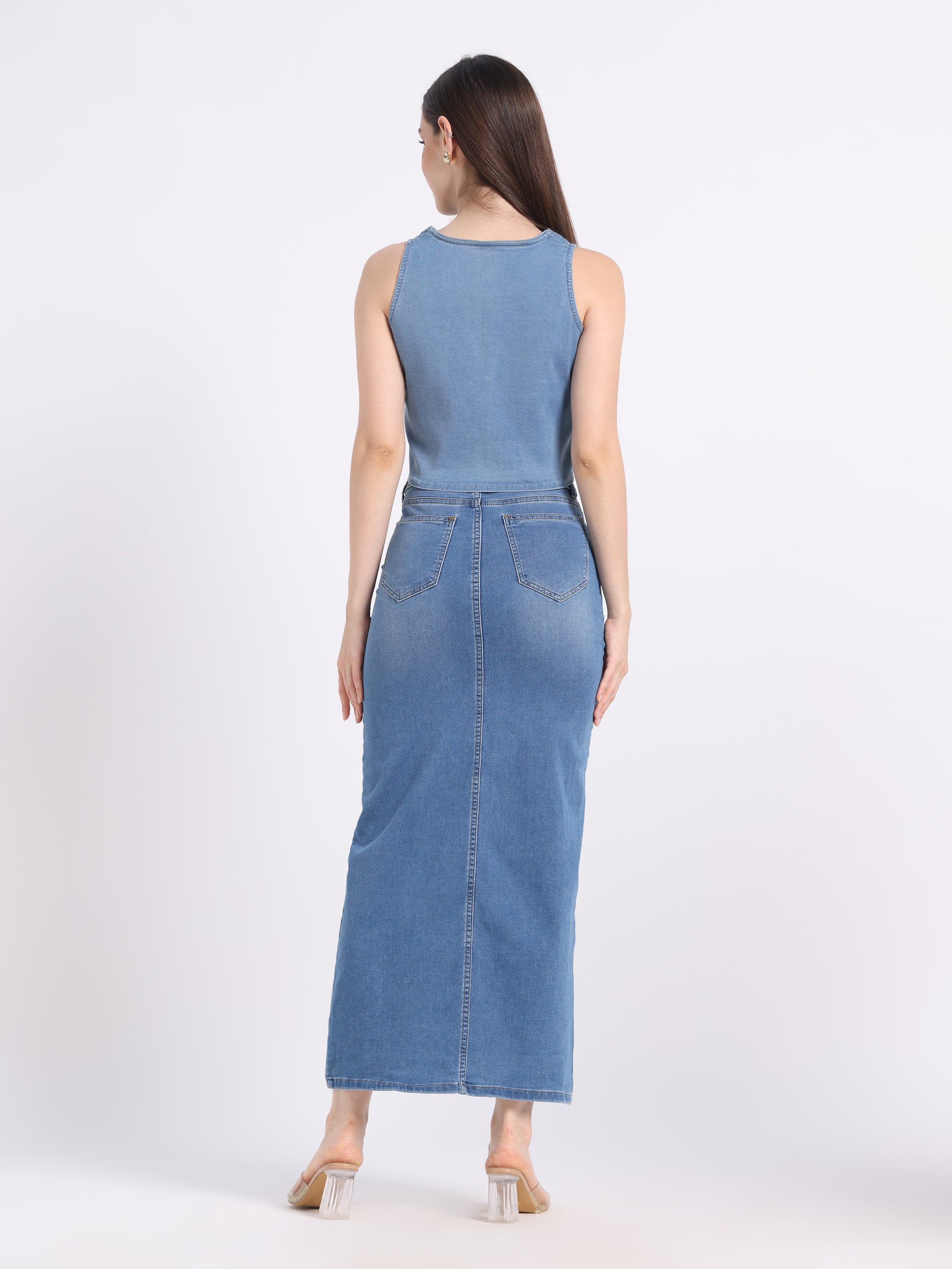 Back view of a gotamoda hand-painted denim co-ord set featuring a sleeveless top and long skirt