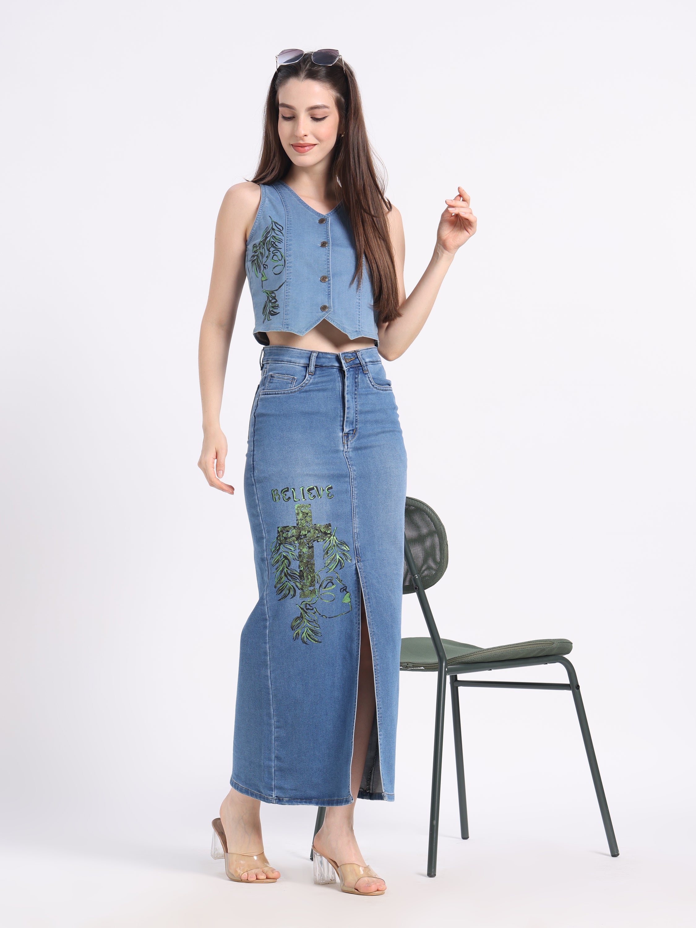 Gotamoda hand-painted denim co-ord set featuring a crop top and high-slit skirt, perfect for summer outings