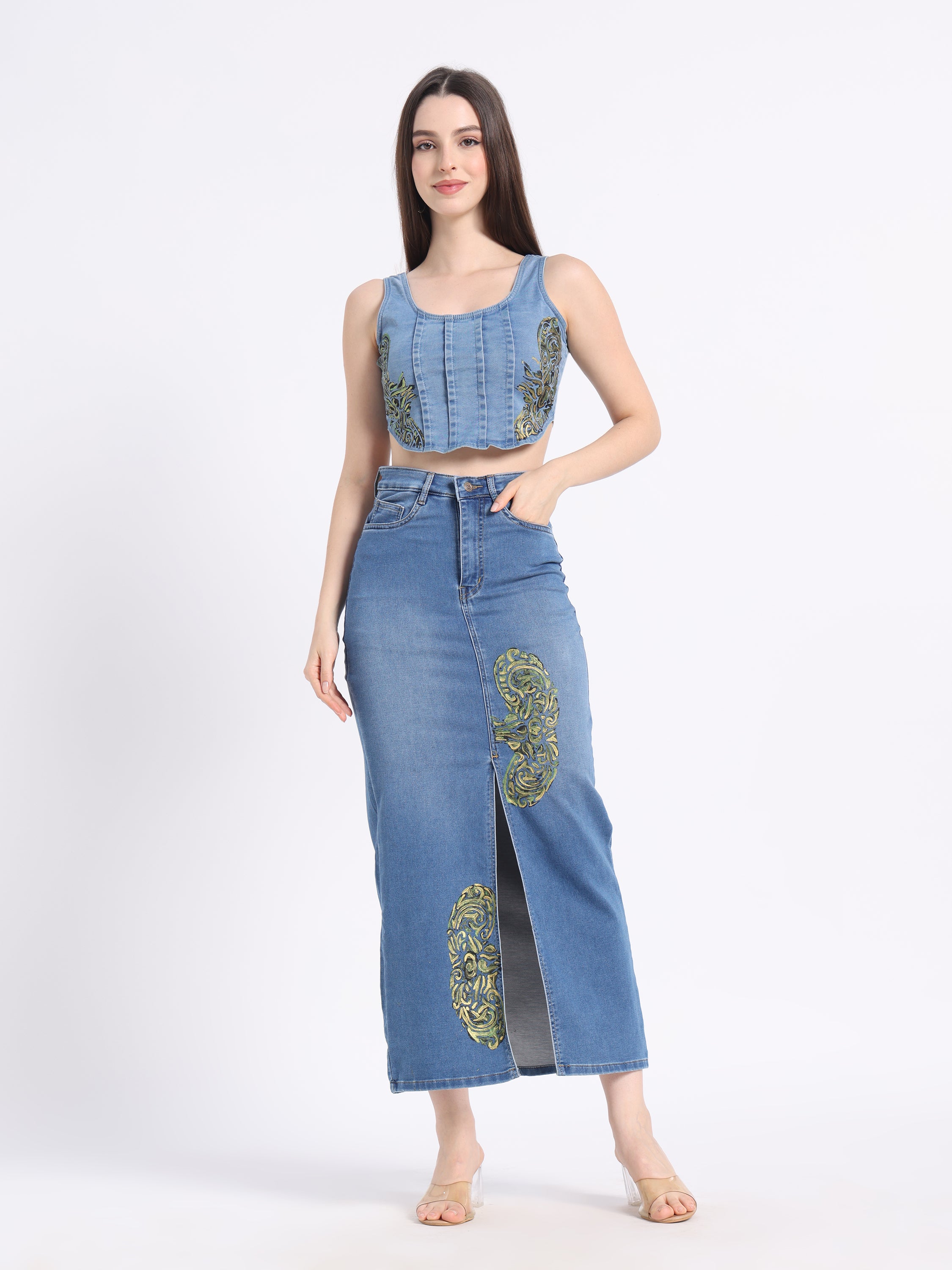 Stylish hand-painted denim co-ord set featuring a crop top and high-waisted skirt with artistic designs