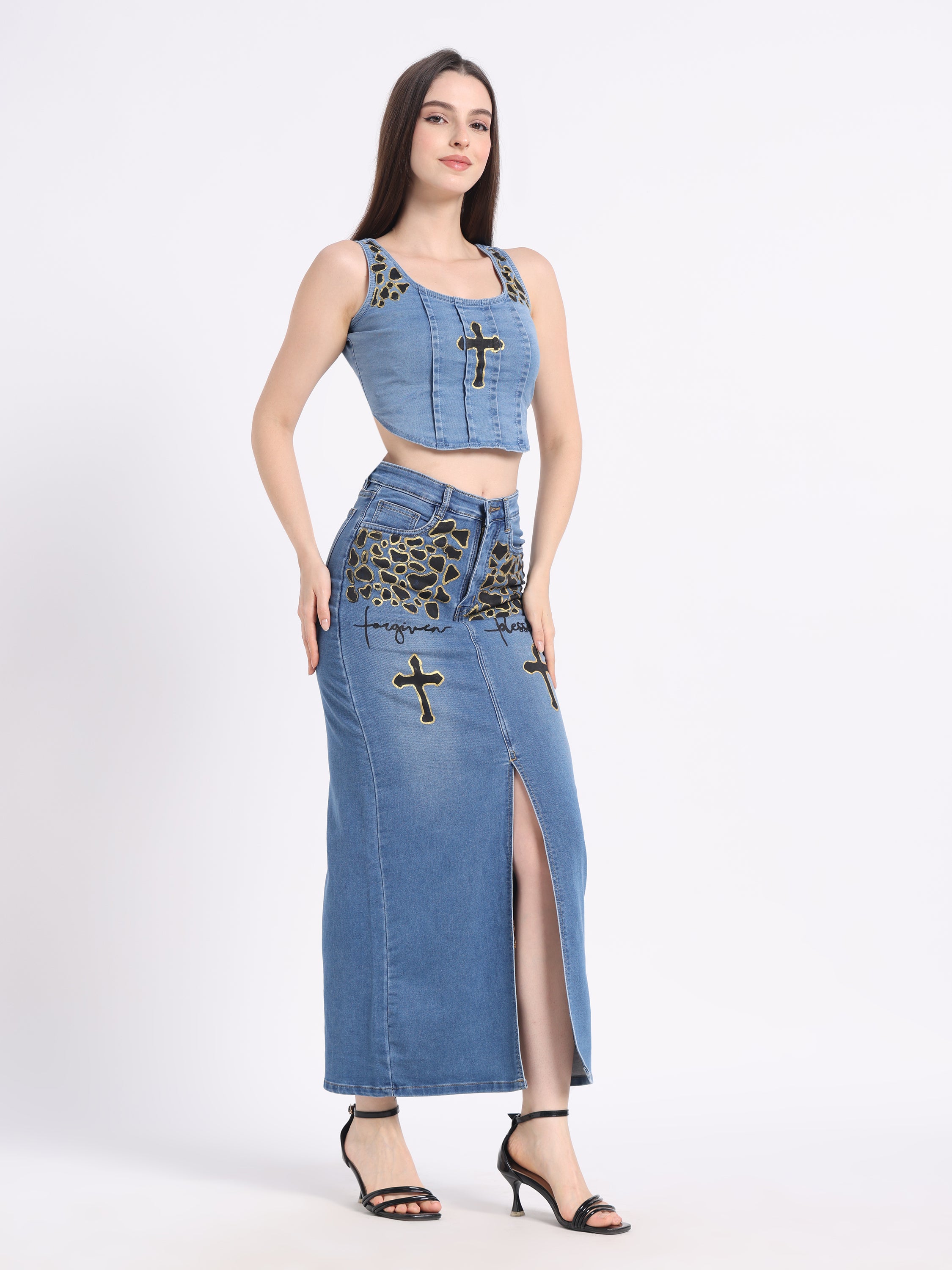 Stylish hand-painted denim co-ord set featuring a crop top and long skirt with unique designs