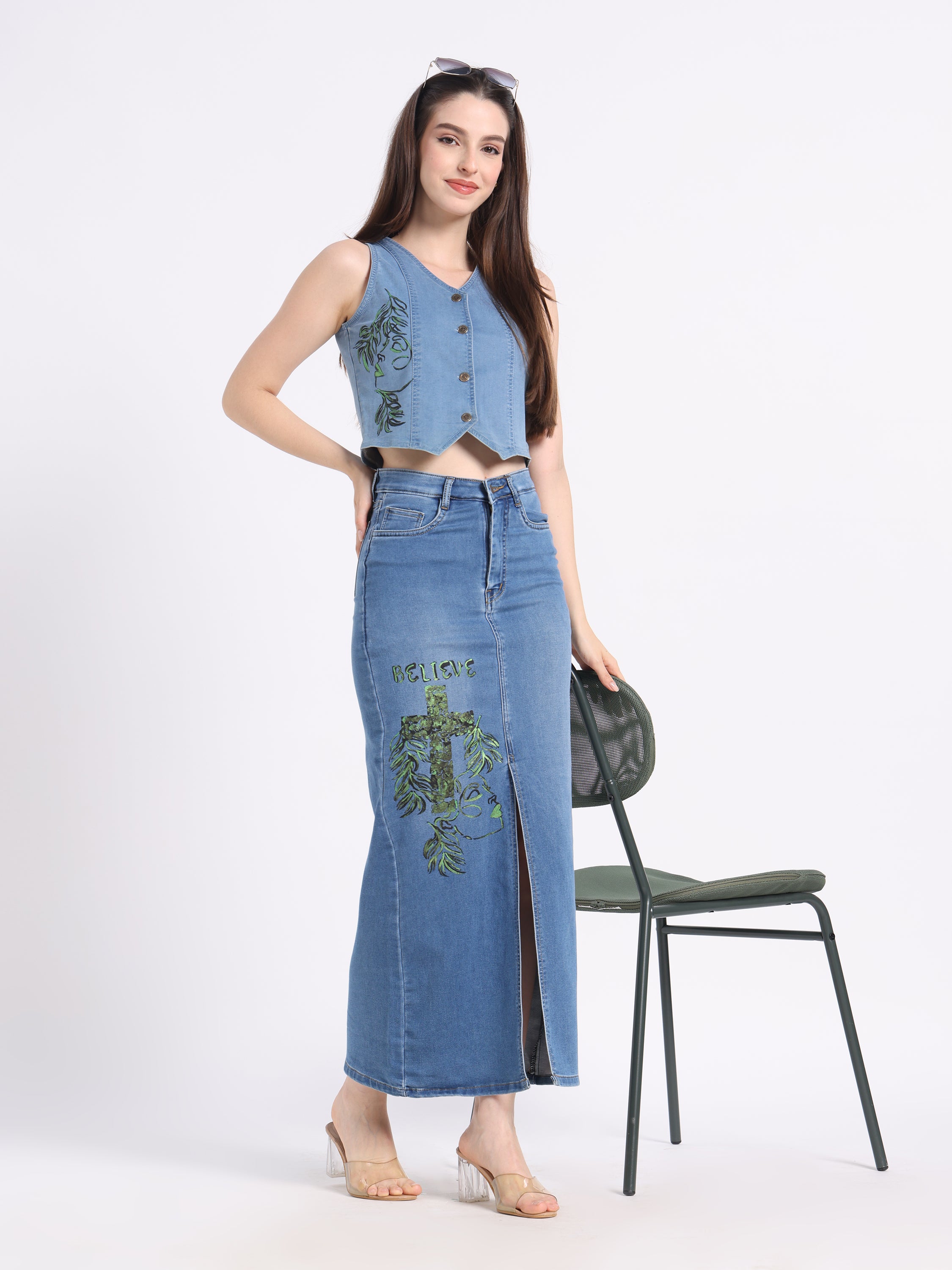Stylish gotamoda hand-painted denim co-ord set with a crop top and long skirt featuring floral designs