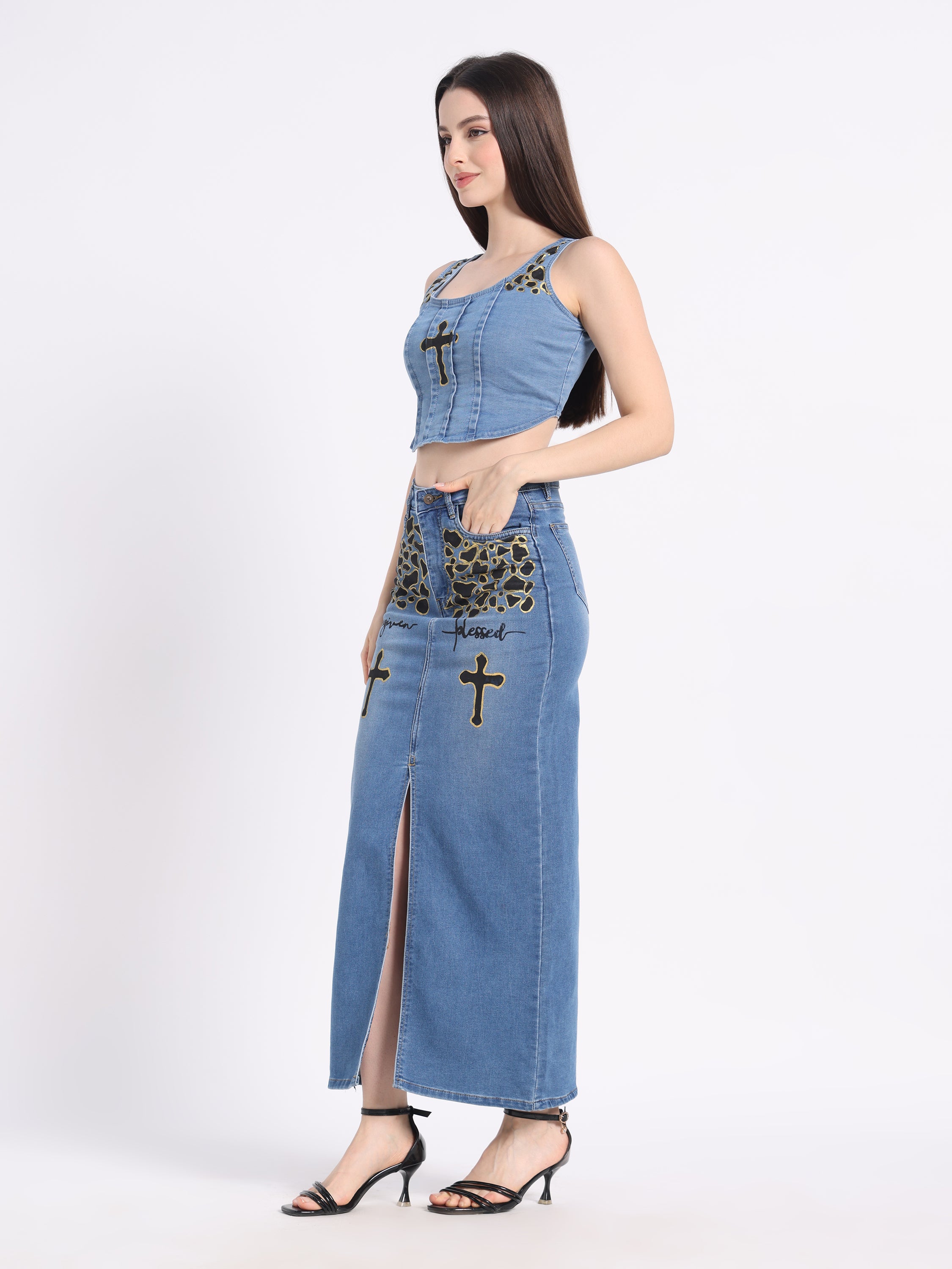 Stylish hand-painted denim co-ord set featuring a crop top and long skirt with unique cross designs
