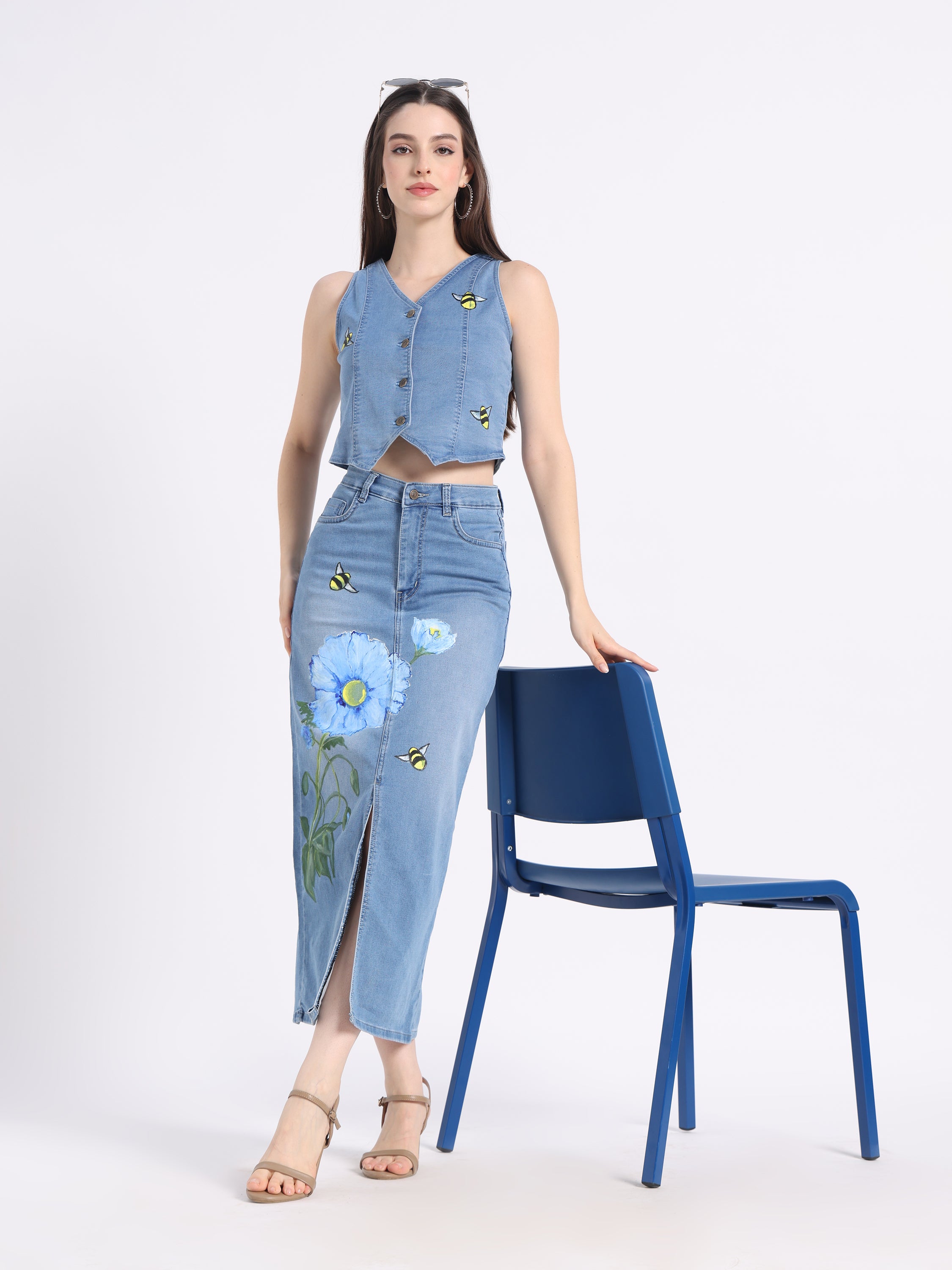 Gotamoda hand-painted denim co-ord set featuring floral designs on skirt and crop top