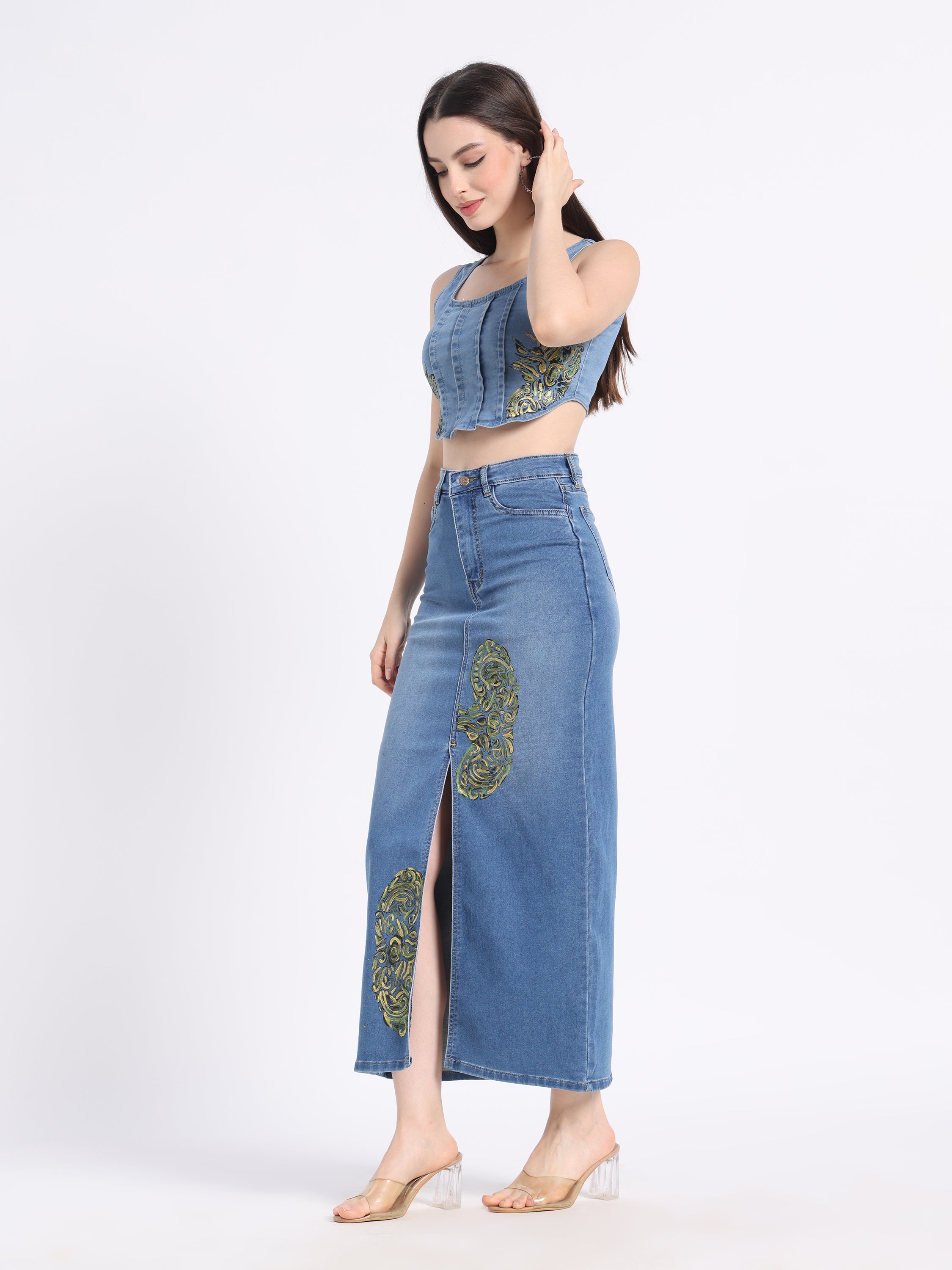Gotamoda hand-painted denim co-ord set featuring a stylish crop top and high-slit skirt