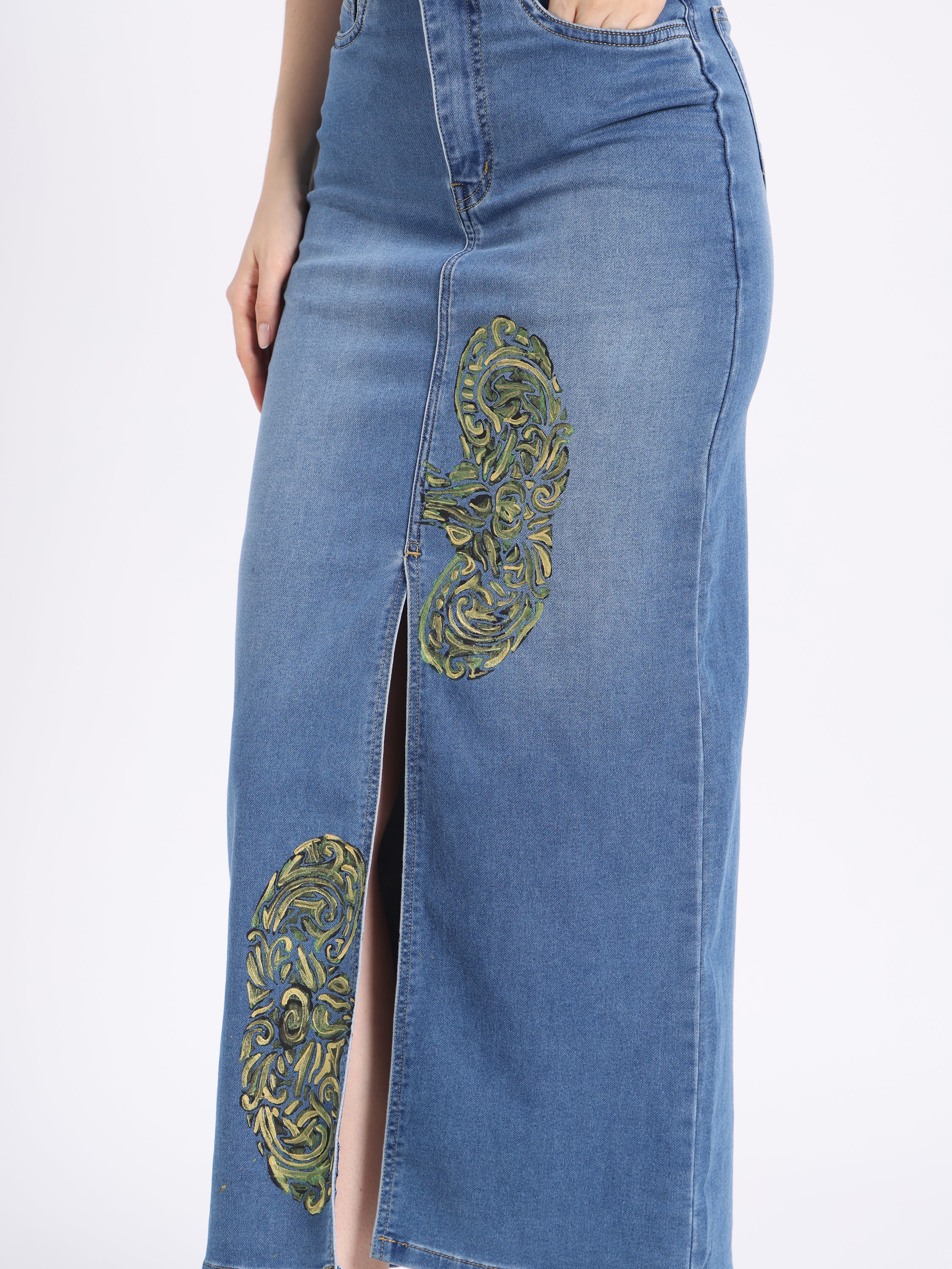 Stylish hand-painted denim co-ord set featuring a skirt with intricate embroidered designs
