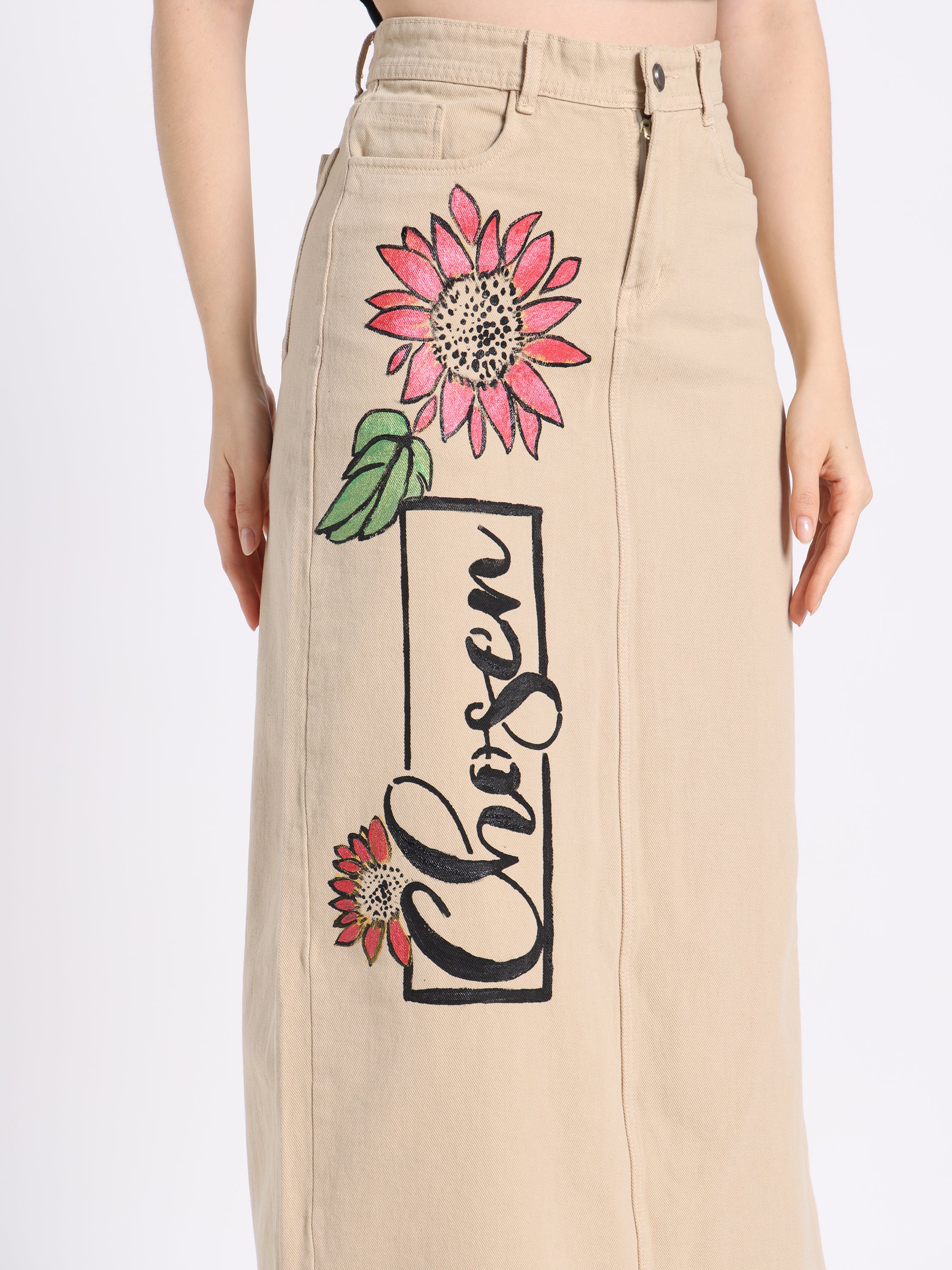 Gotamoda hand-painted denim skirt featuring floral designs and a unique Chosen print