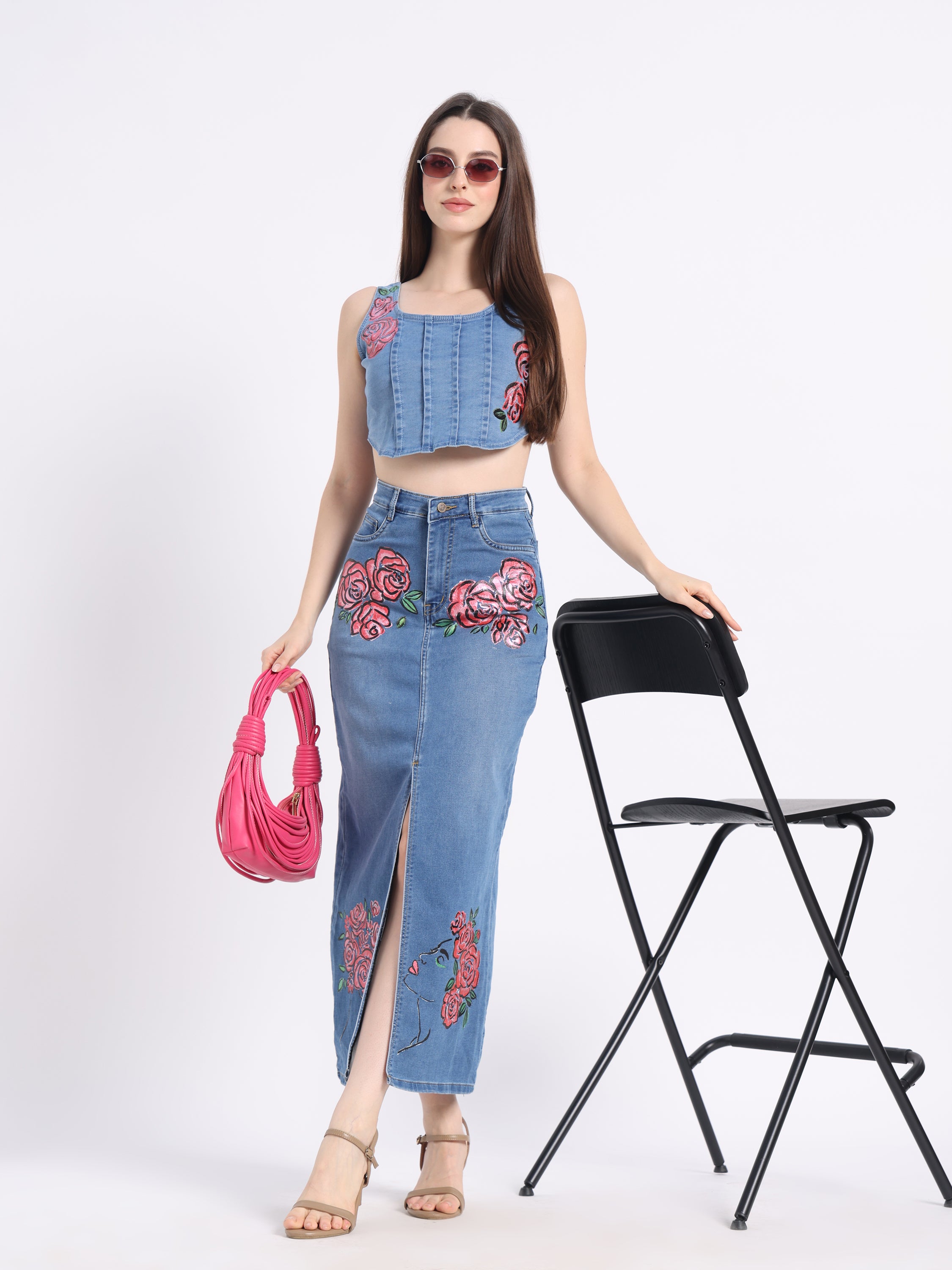 Gotamoda hand-painted floral denim co-ord set featuring a crop top and high-slit skirt with floral designs