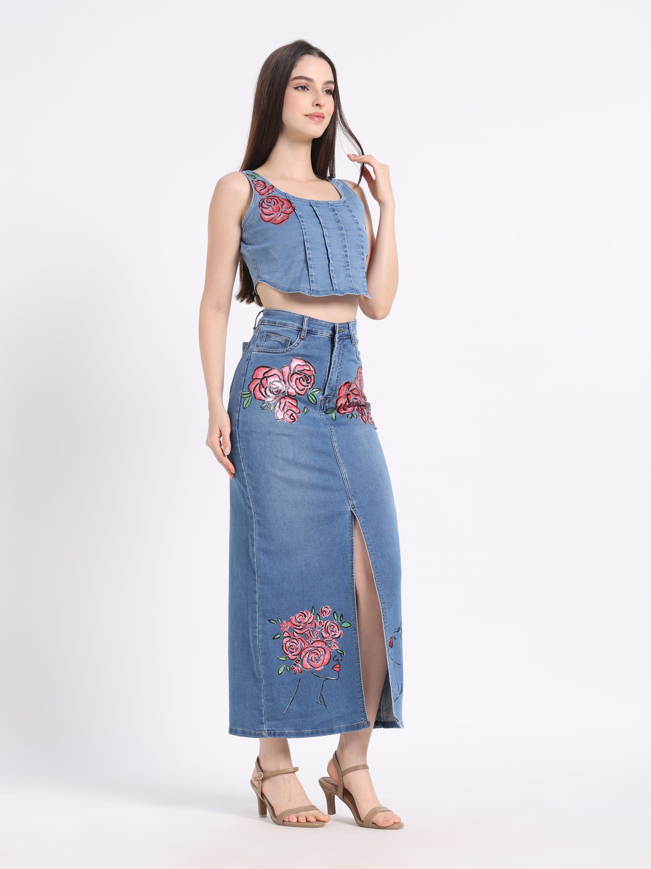 Gotamoda hand-painted floral denim co-ord set featuring a cropped top and high-slit skirt with rose designs