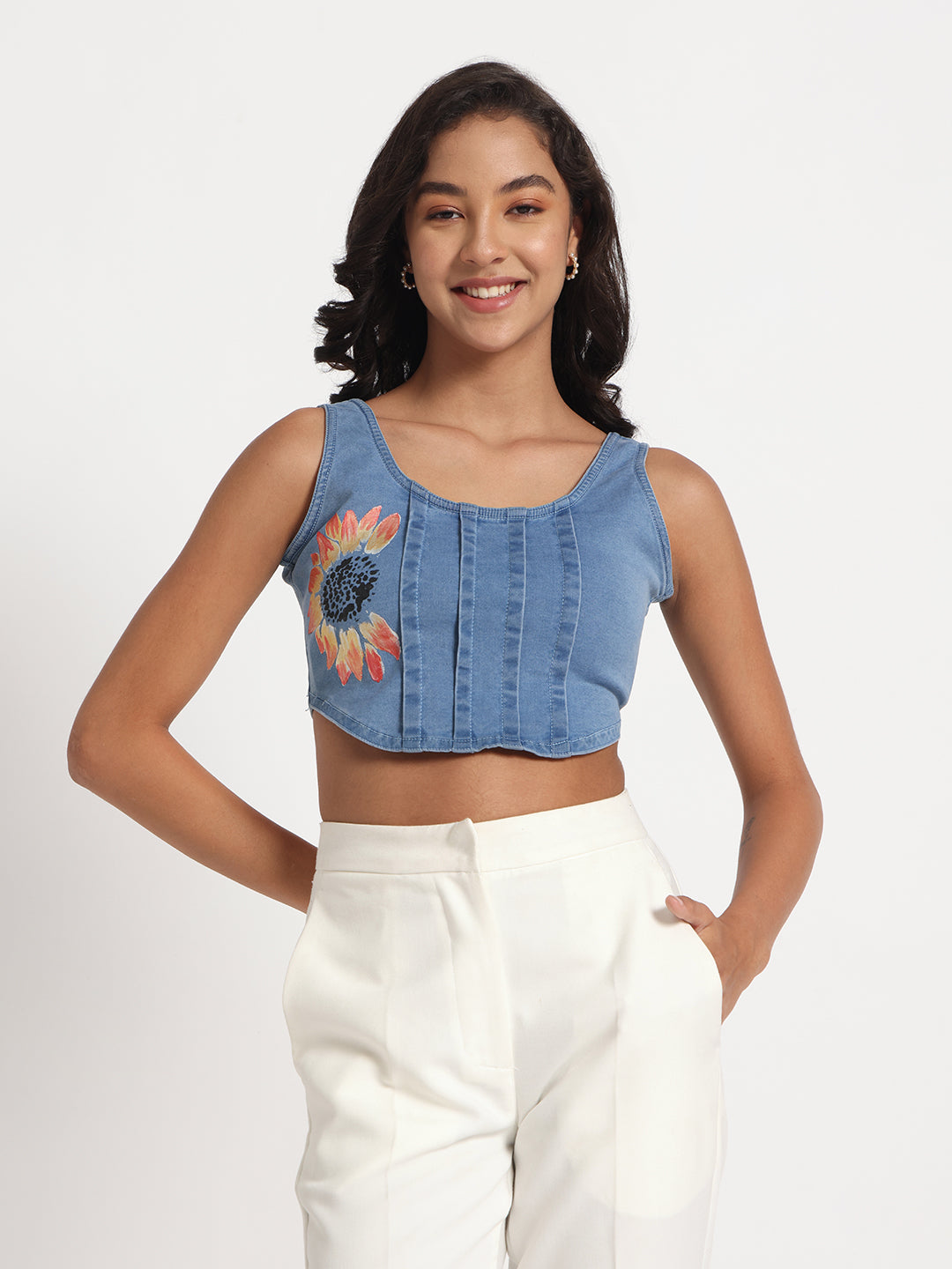 Sunflower Bliss Hand-Painted Denim Crop Jeans Top with Floral