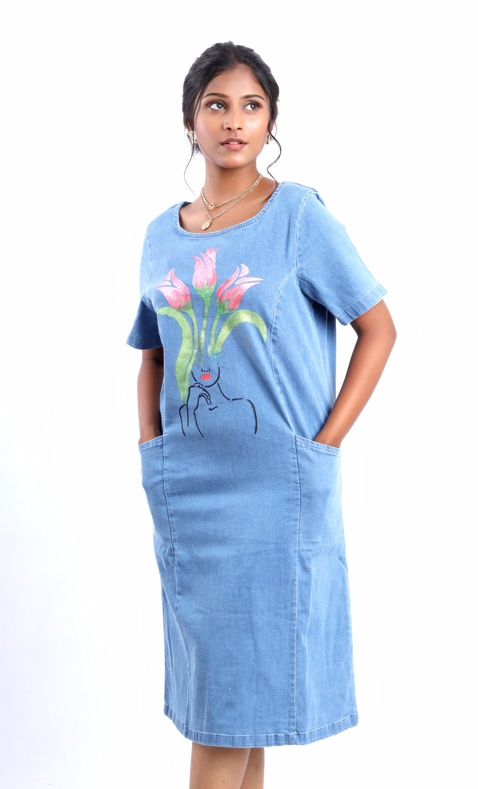 Tulip Bloom Midi Denim Dress with Sleeves and Floral Print | gotamoda S Tulip Bloom Midi Denim Dress with Sleeves and Floral Print | gotamoda S