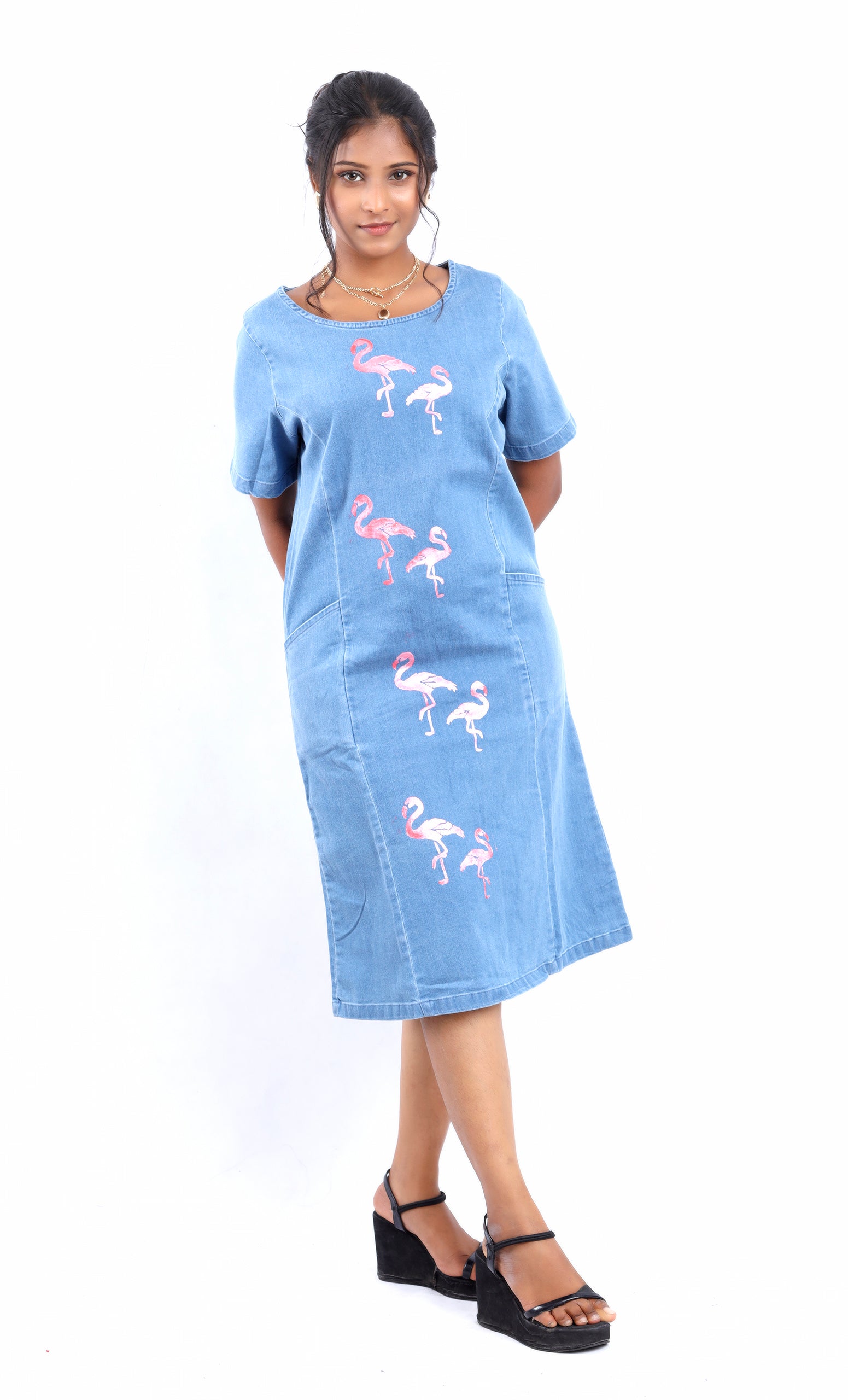 Gotamoda midi denim dress with sleeves featuring pink flamingo embroidery and a relaxed fit