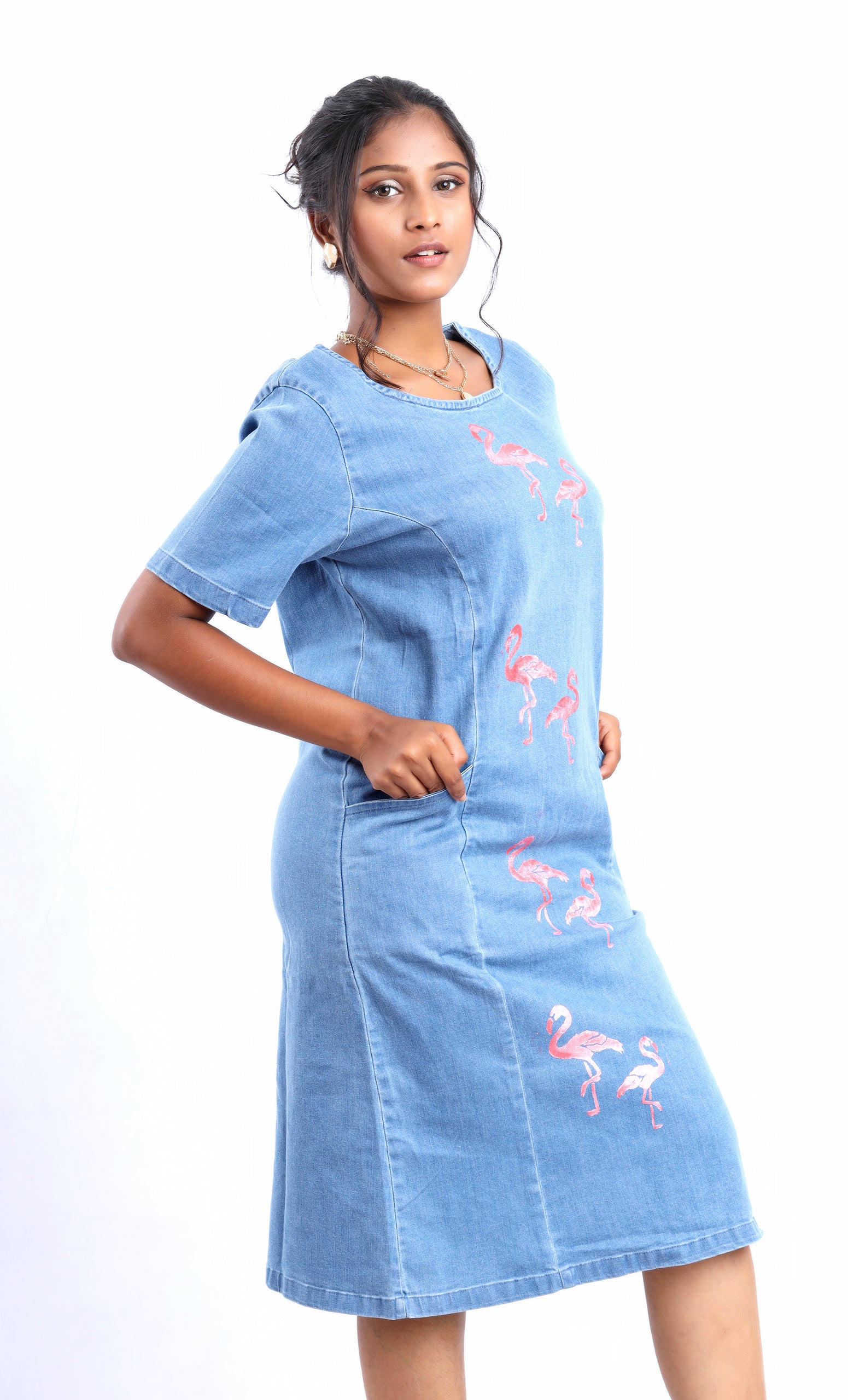 Gotamoda midi denim dress with sleeves featuring pink flamingo embroidery and a casual fit