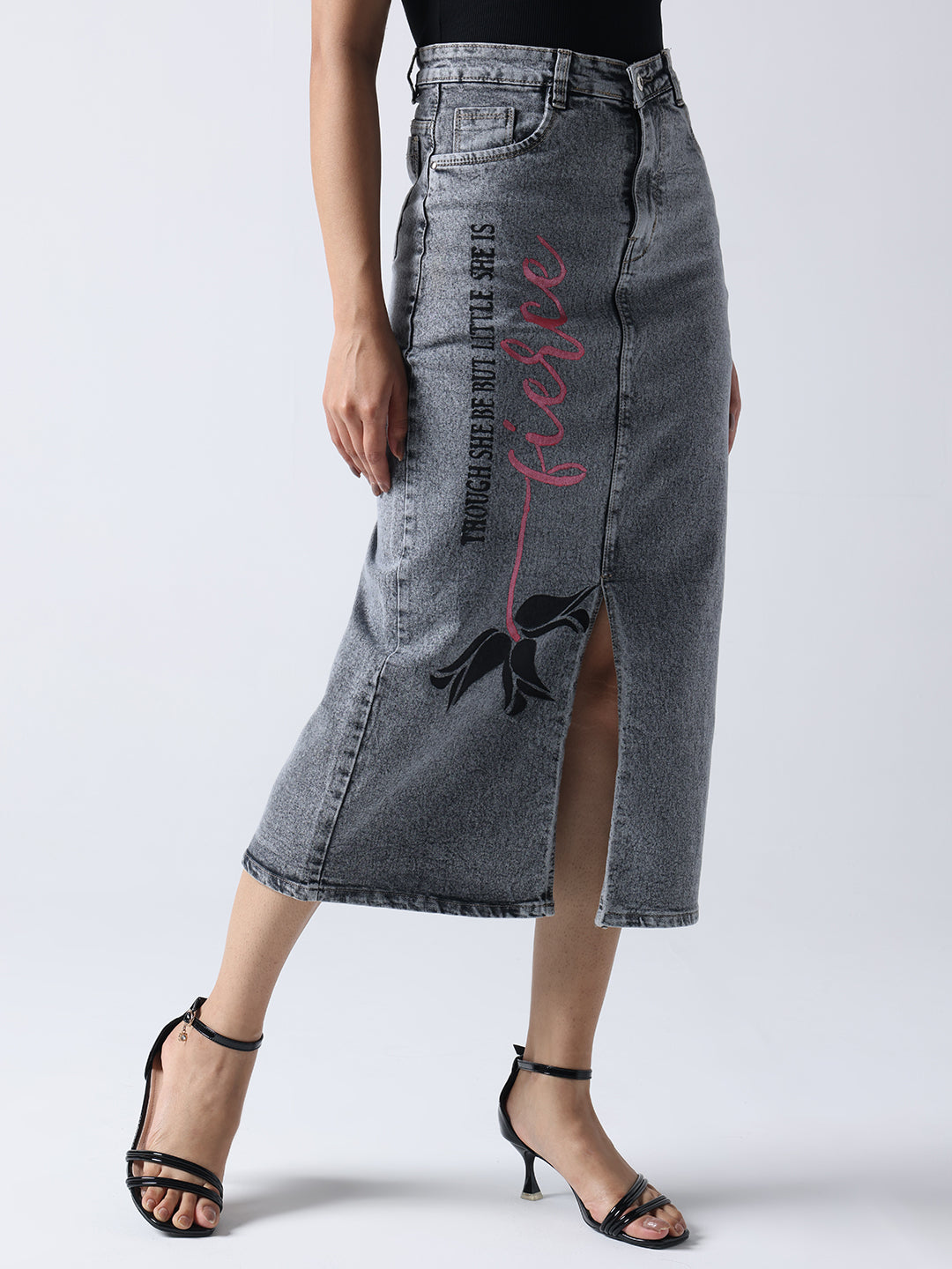 Gotamoda poetic rose hand Painted denim skirt in grey with front slit and floral graphic design
