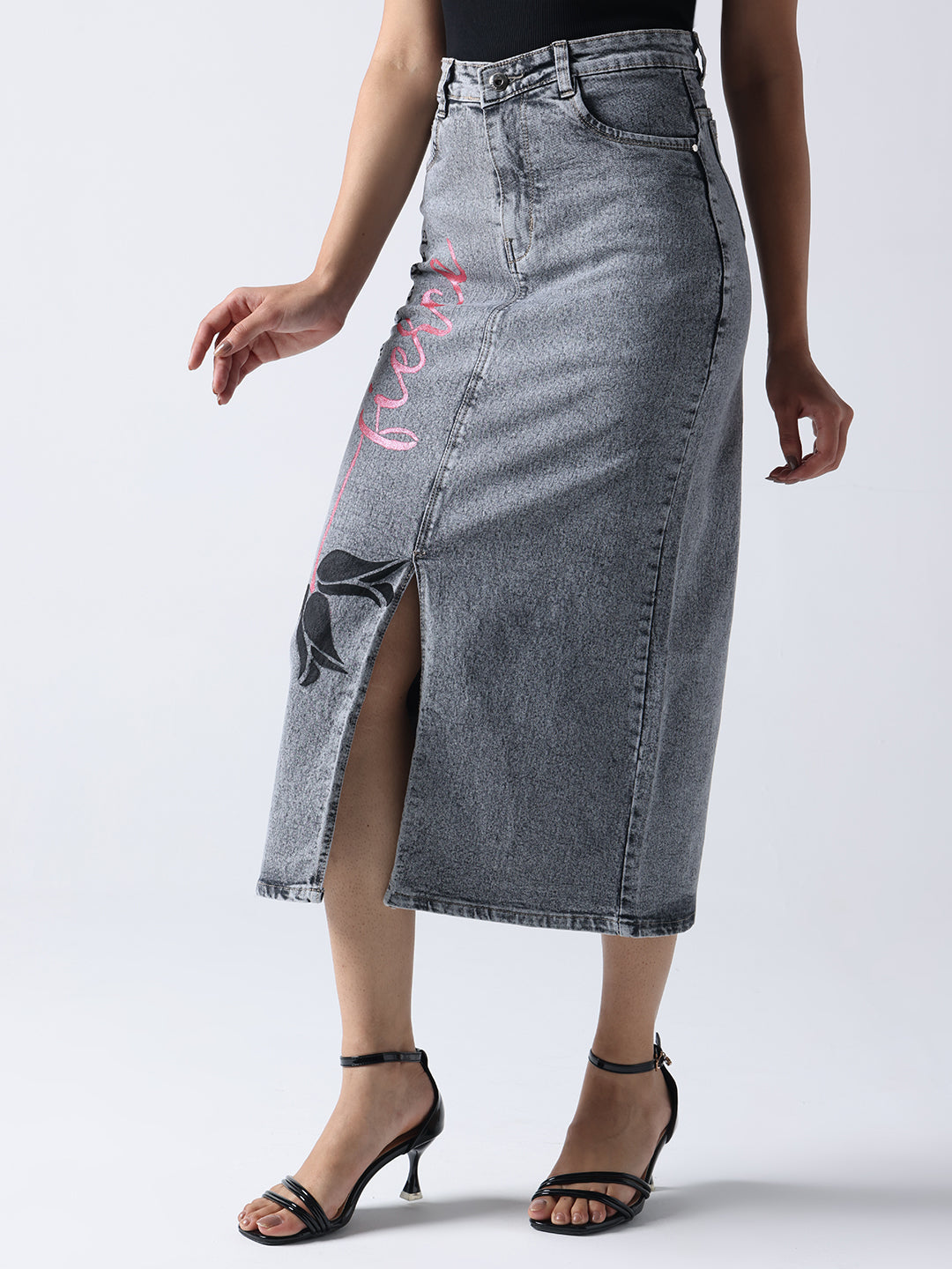 Poetic rose hand Painted denim skirt in gray with front slit and floral artwork by Gotamoda