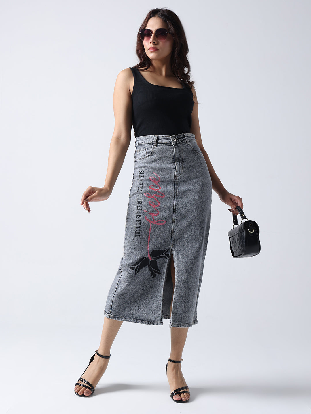 Poetic rose hand Painted denim skirt by Gotamoda with front slit worn with black tank top and sunglasses