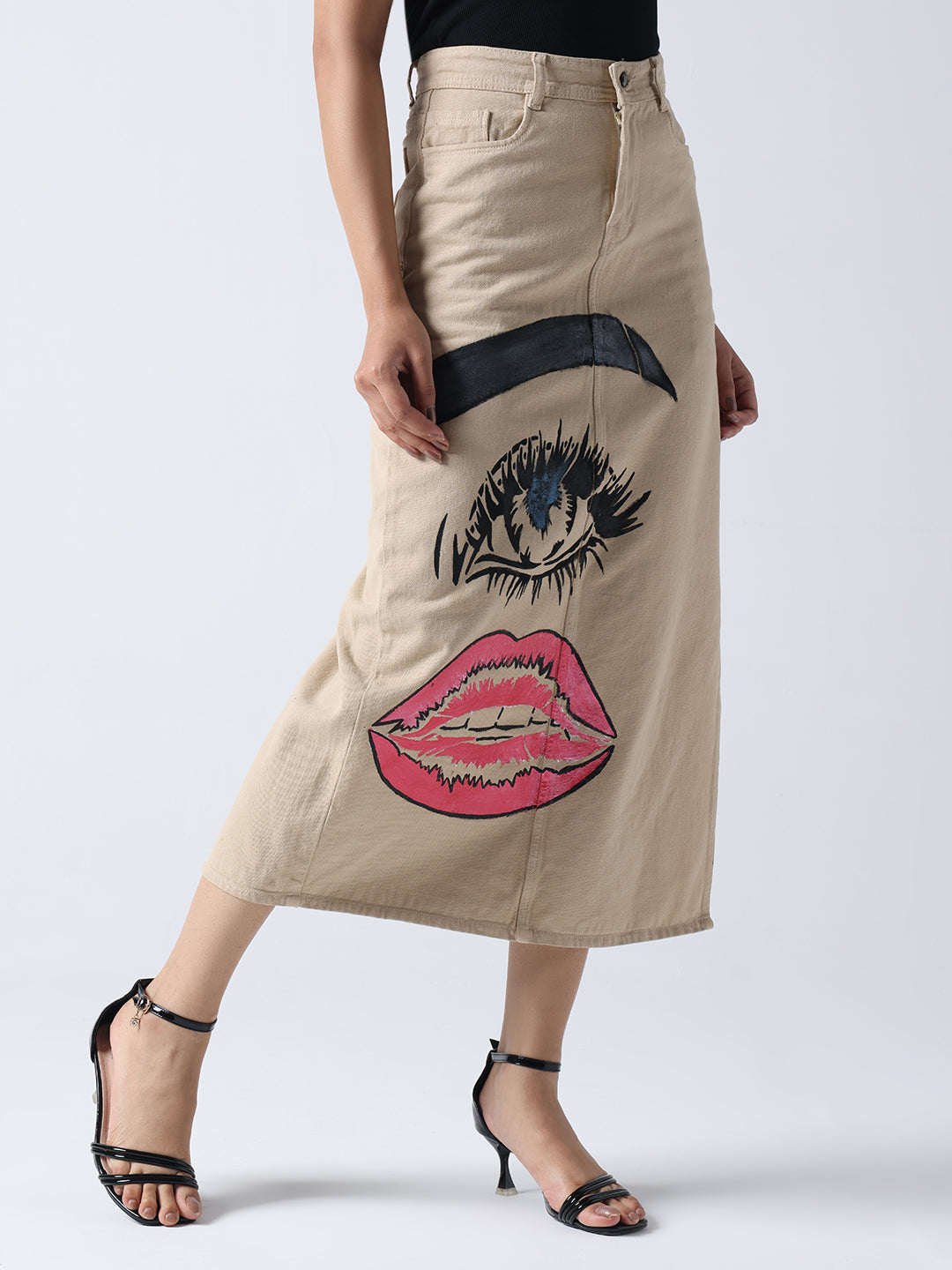 Gotamoda Pop Art Glam Hand Painted Denim Skirt in beige with bold eye and lips artwork