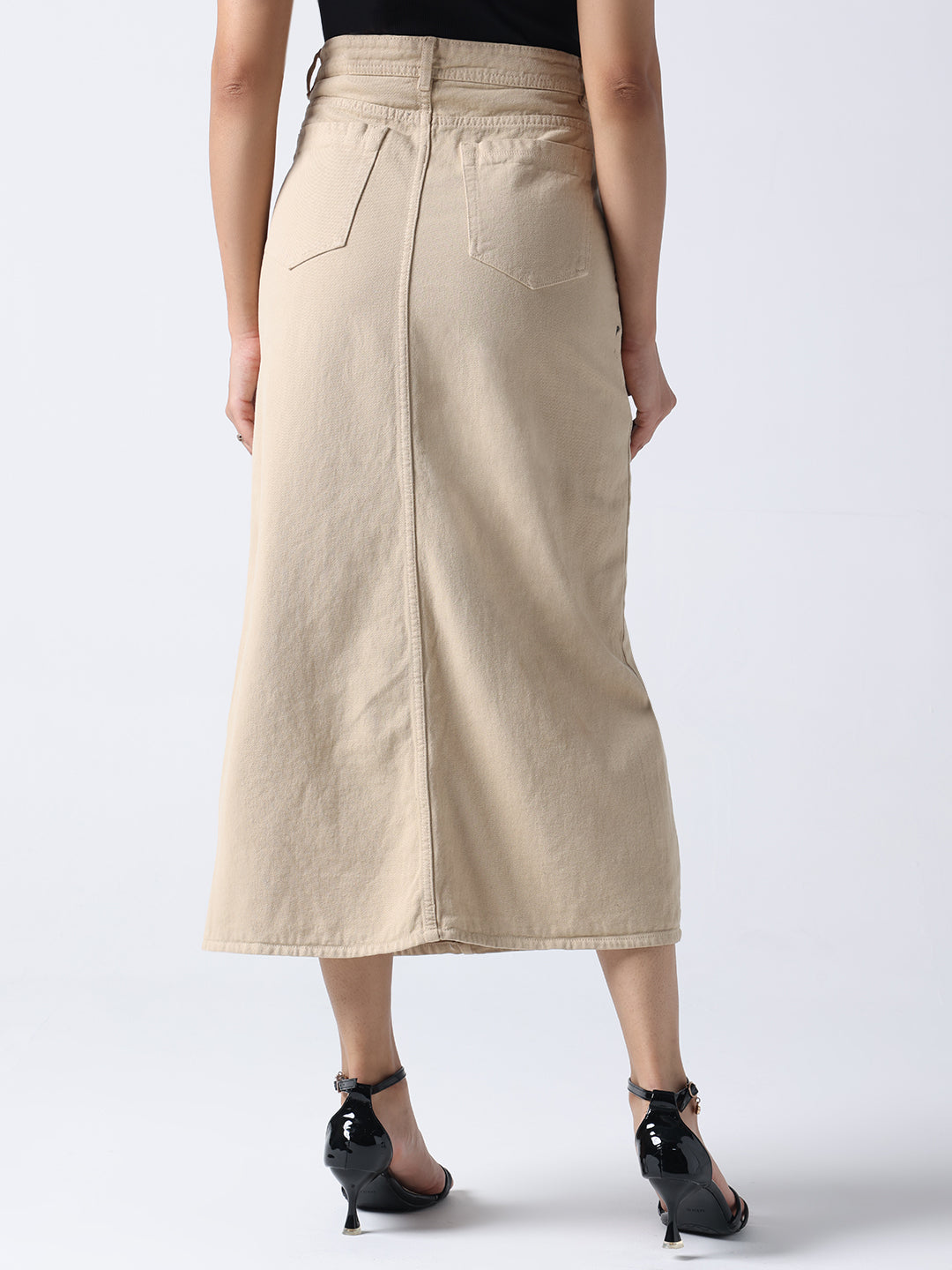 Beige Pop Art Glam Hand Painted Denim Skirt from Gotamoda in a midi length with back pockets