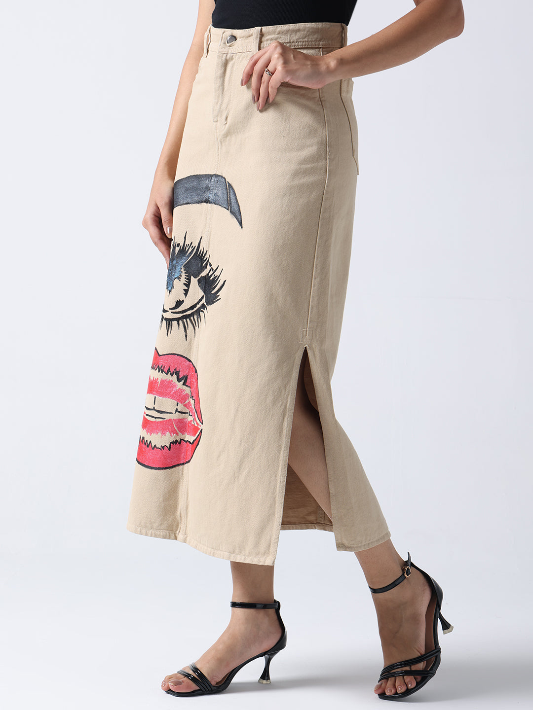 Pop Art Glam Hand Painted Denim Skirt by Gotamoda featuring bold face artwork and side slit