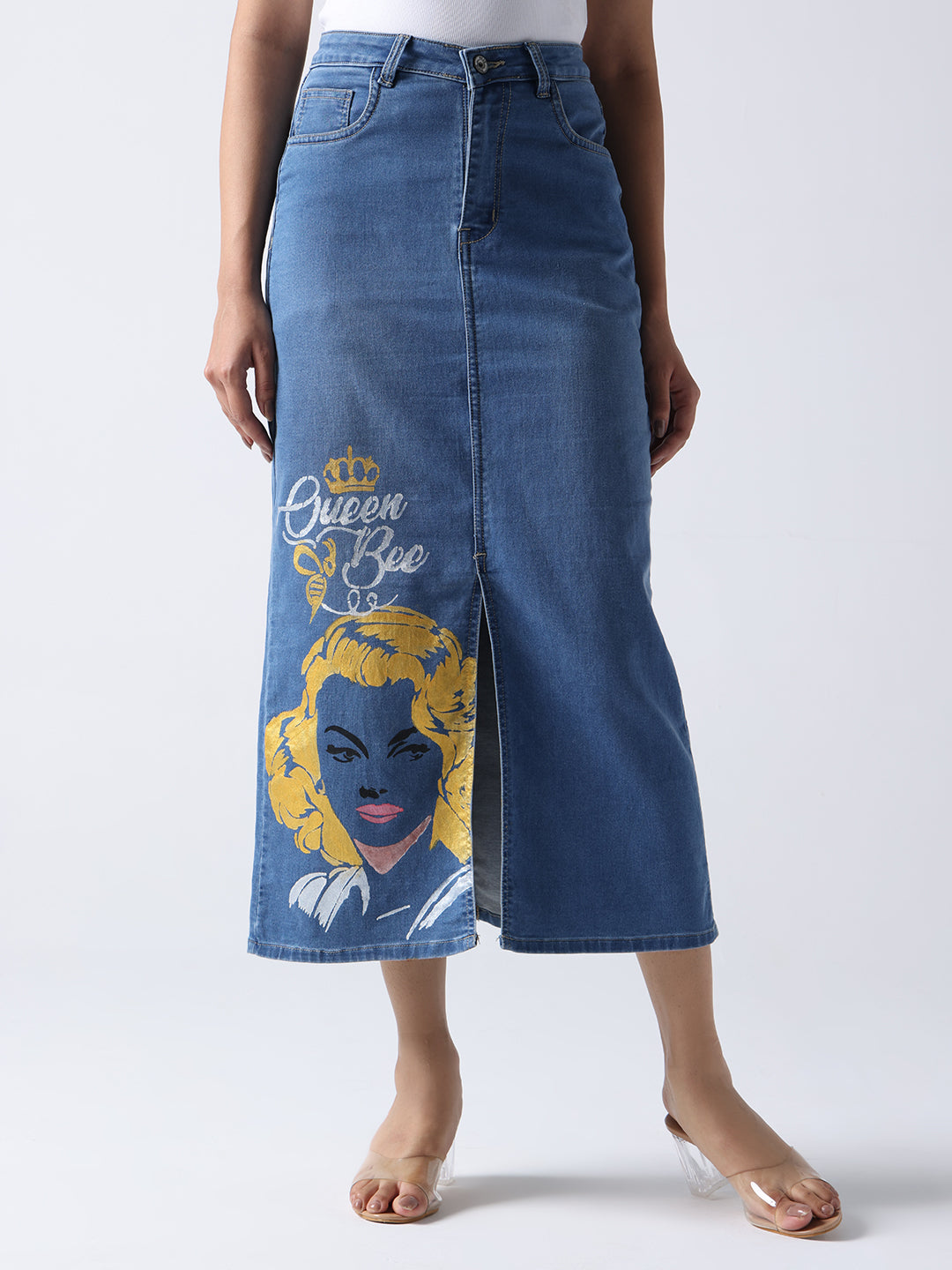 Gotamoda queen bee denim midi skirt with front slit and graphic print of a woman and text