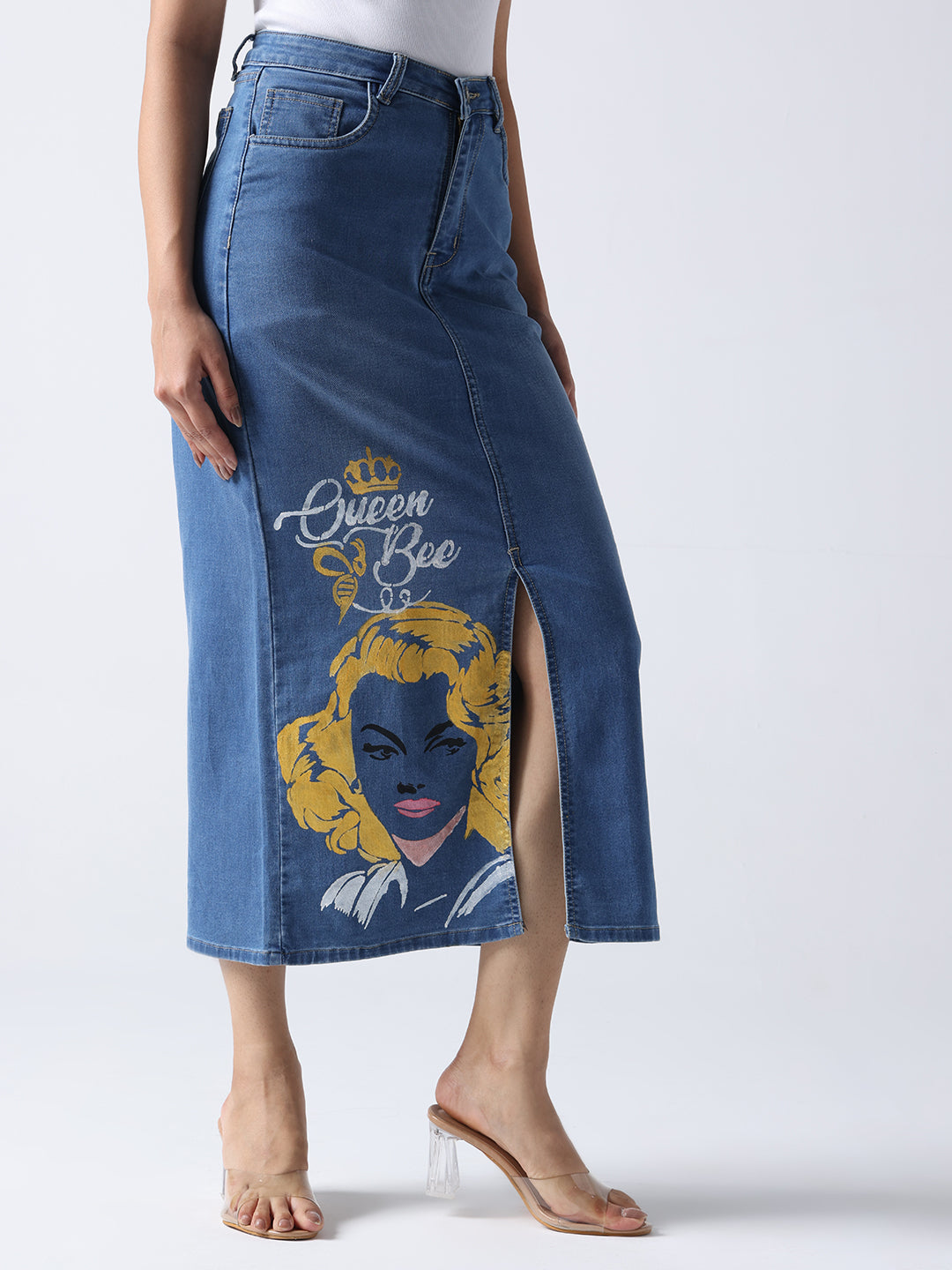 Gotamoda queen bee denim midi skirt with front slit and graphic yellow and white print