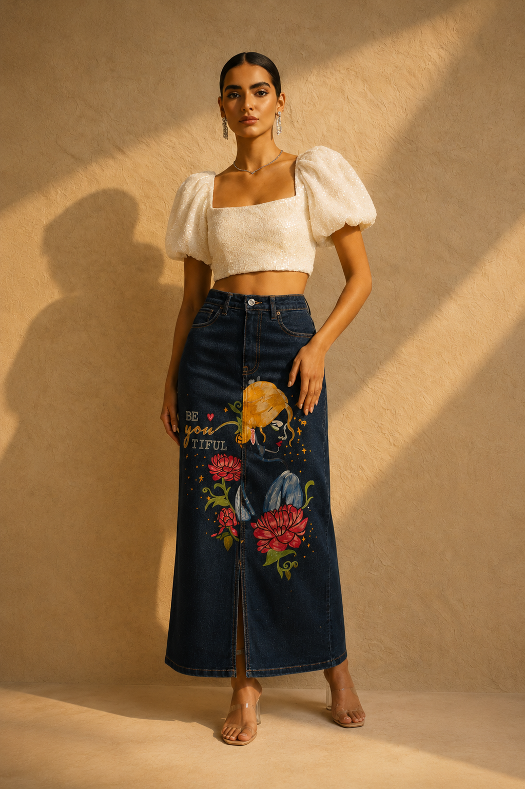 BeYOUtiful Hand-Painted Denim Maxi Skirt